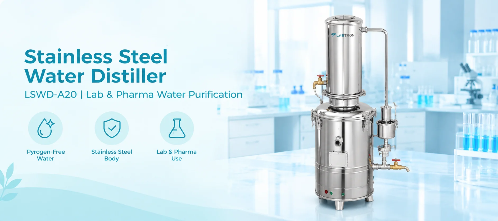 Stainless Steel Water Distiller – LSWD-A20 For Pyrogen-Free Water In Labs & Pharma