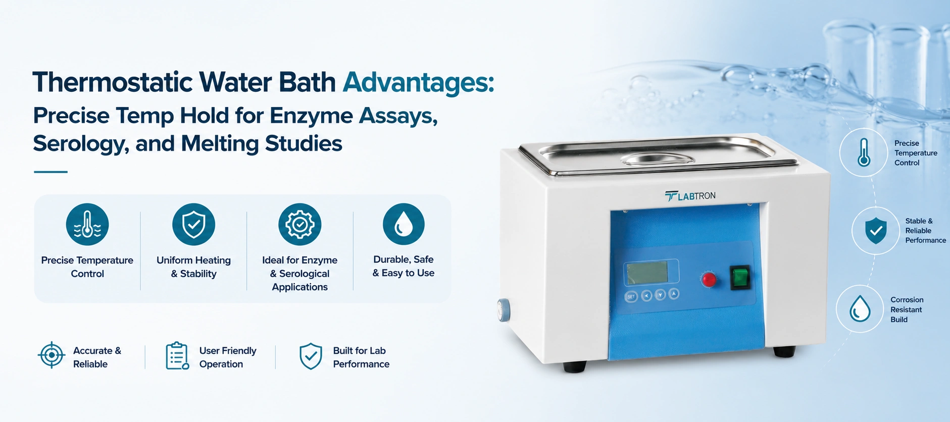 Thermostatic Water Bath Advantages Precise Temp Hold For Enzyme Assays Serology And Melting Studies