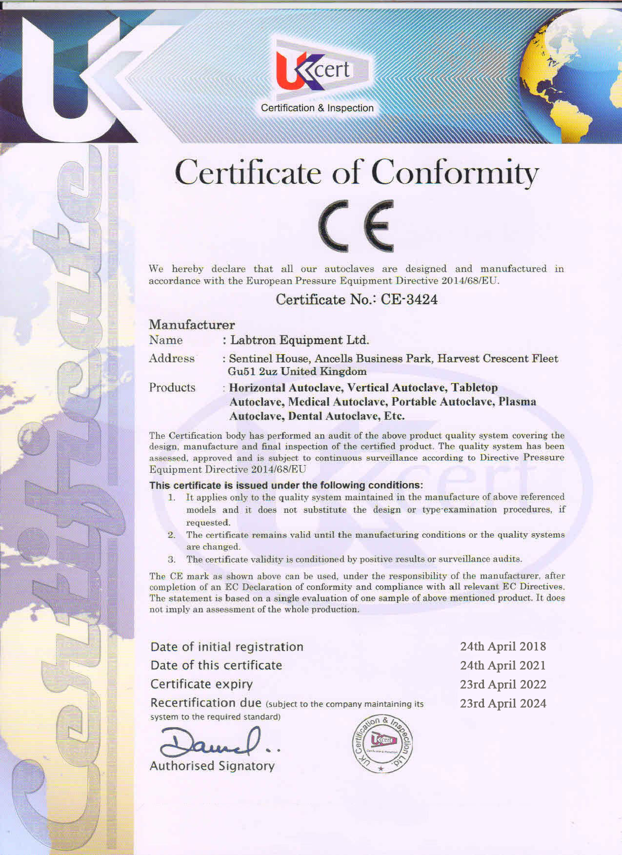Labtron Equipment Ltd. CE 3424 UKCert : Labtron Certification