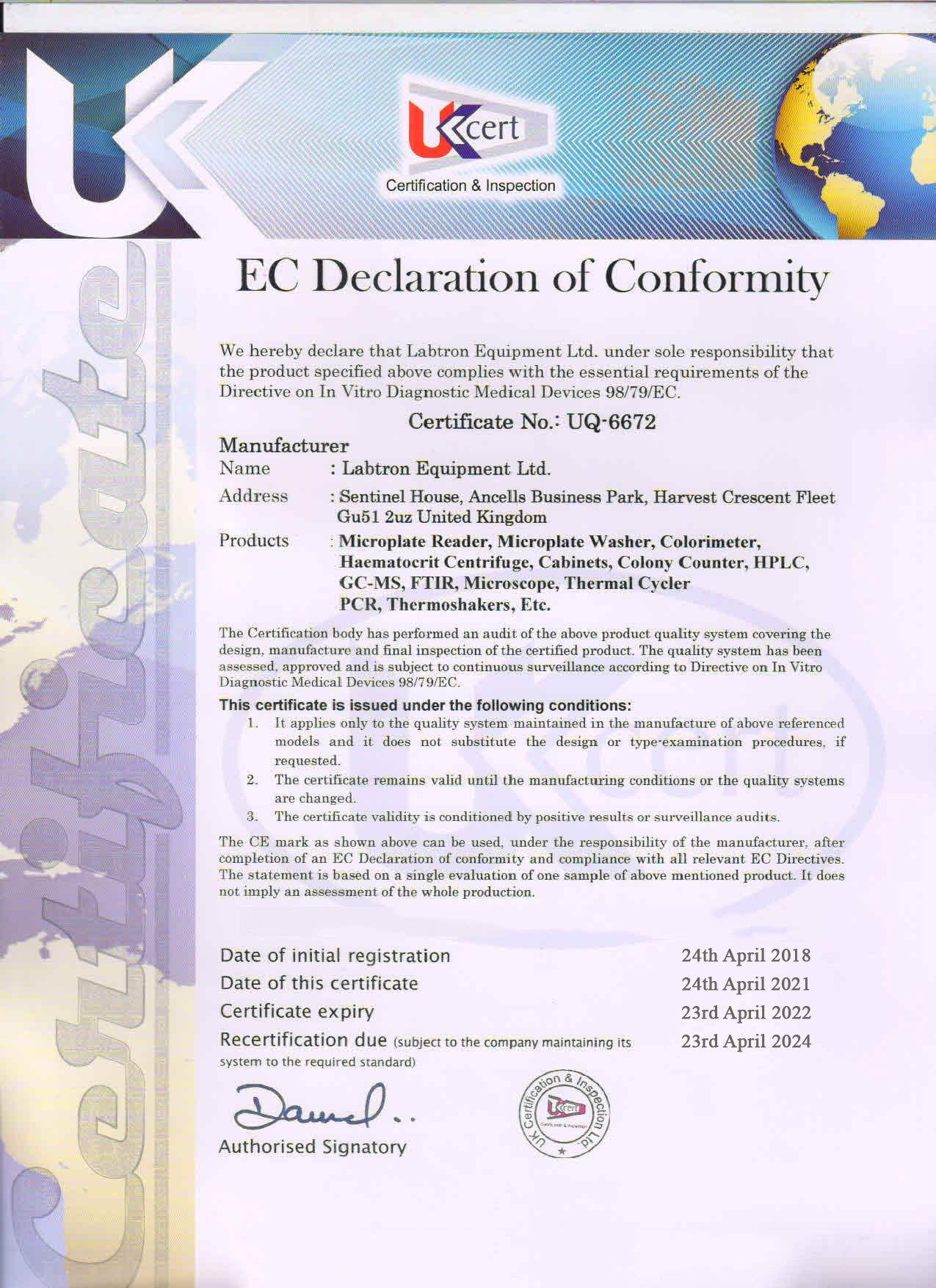 Labtron Equipment Ltd. UQ 6672 UKCert : Labtron Certification
