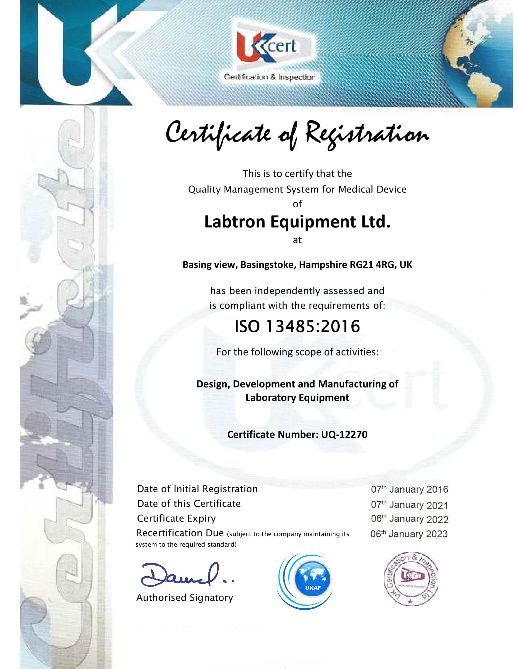 Labtron Equipment Ltd. GMP ISO 13485 UKCert