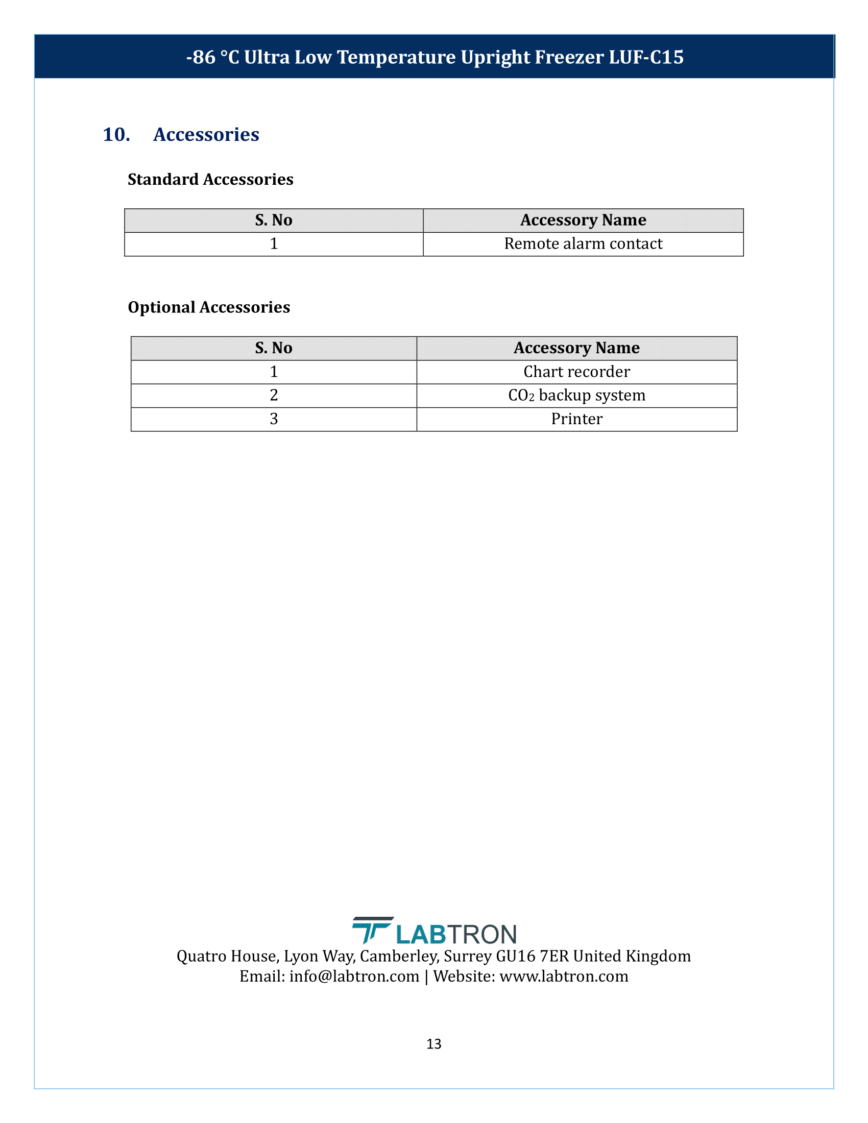 -86 °C Ultra Low Temperature Upright Freezer LUF-C15 Manual