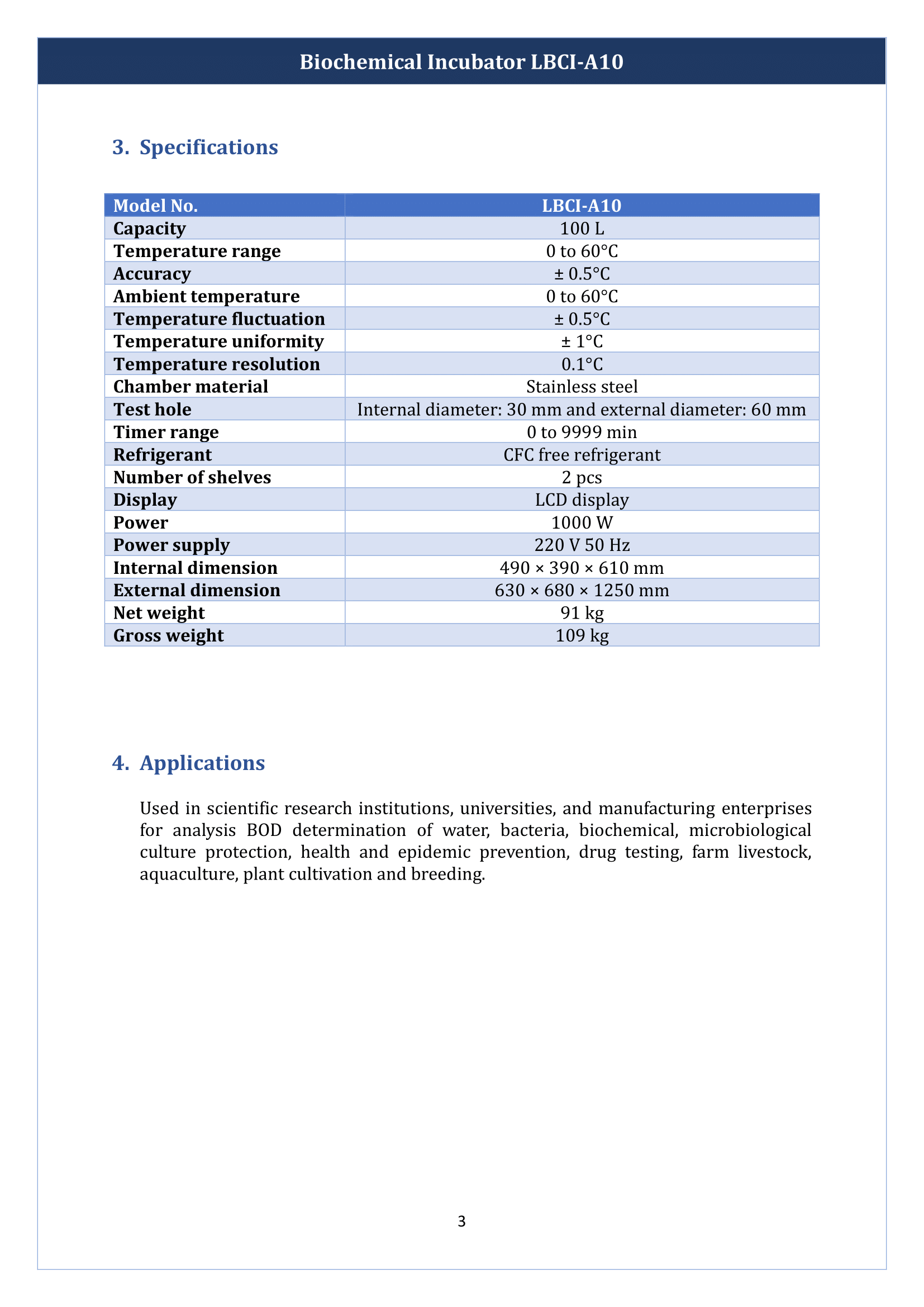 Biochemical Incubator LBCI-A10 Manual