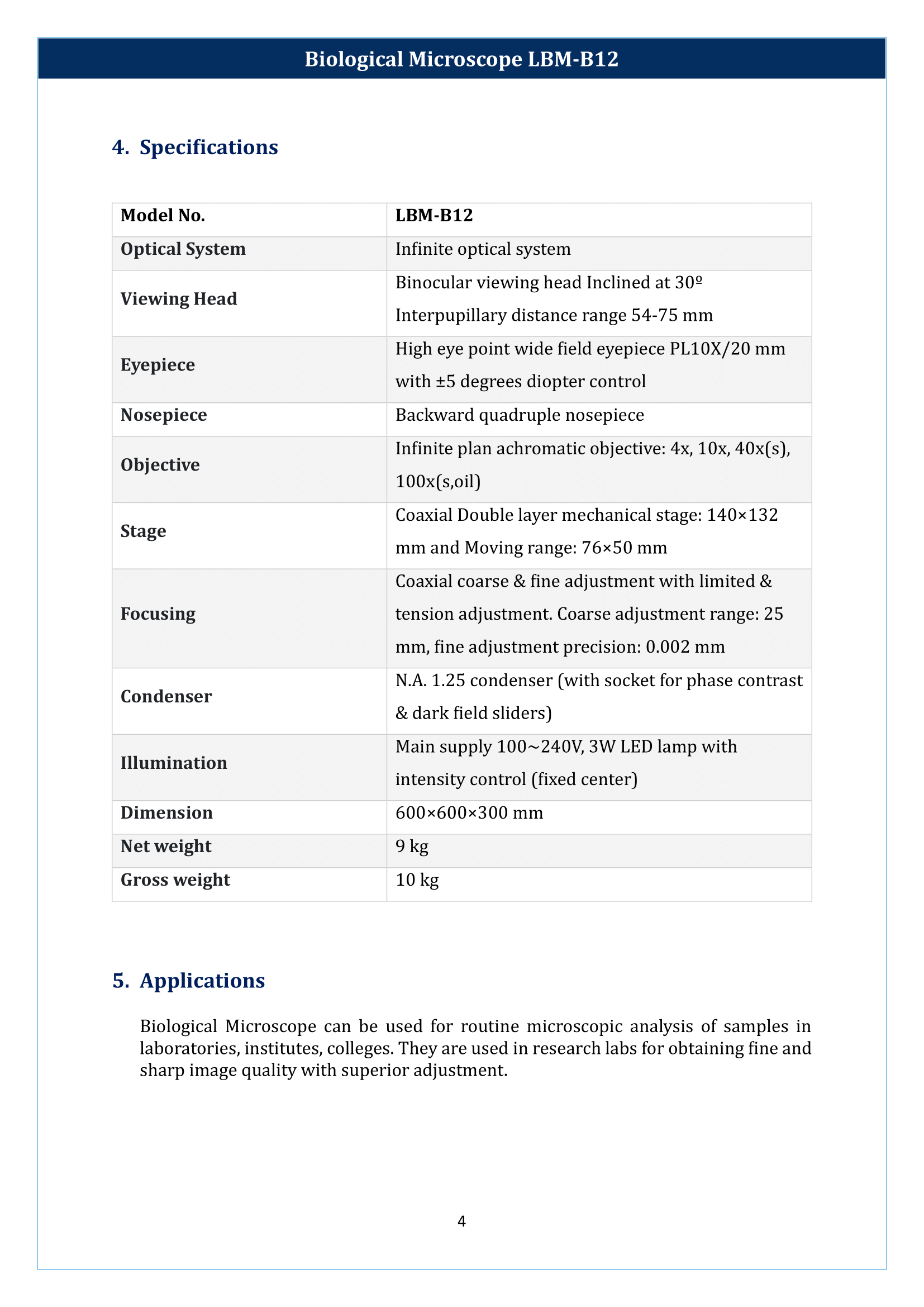 Biological microscope LBM-B12 Manual