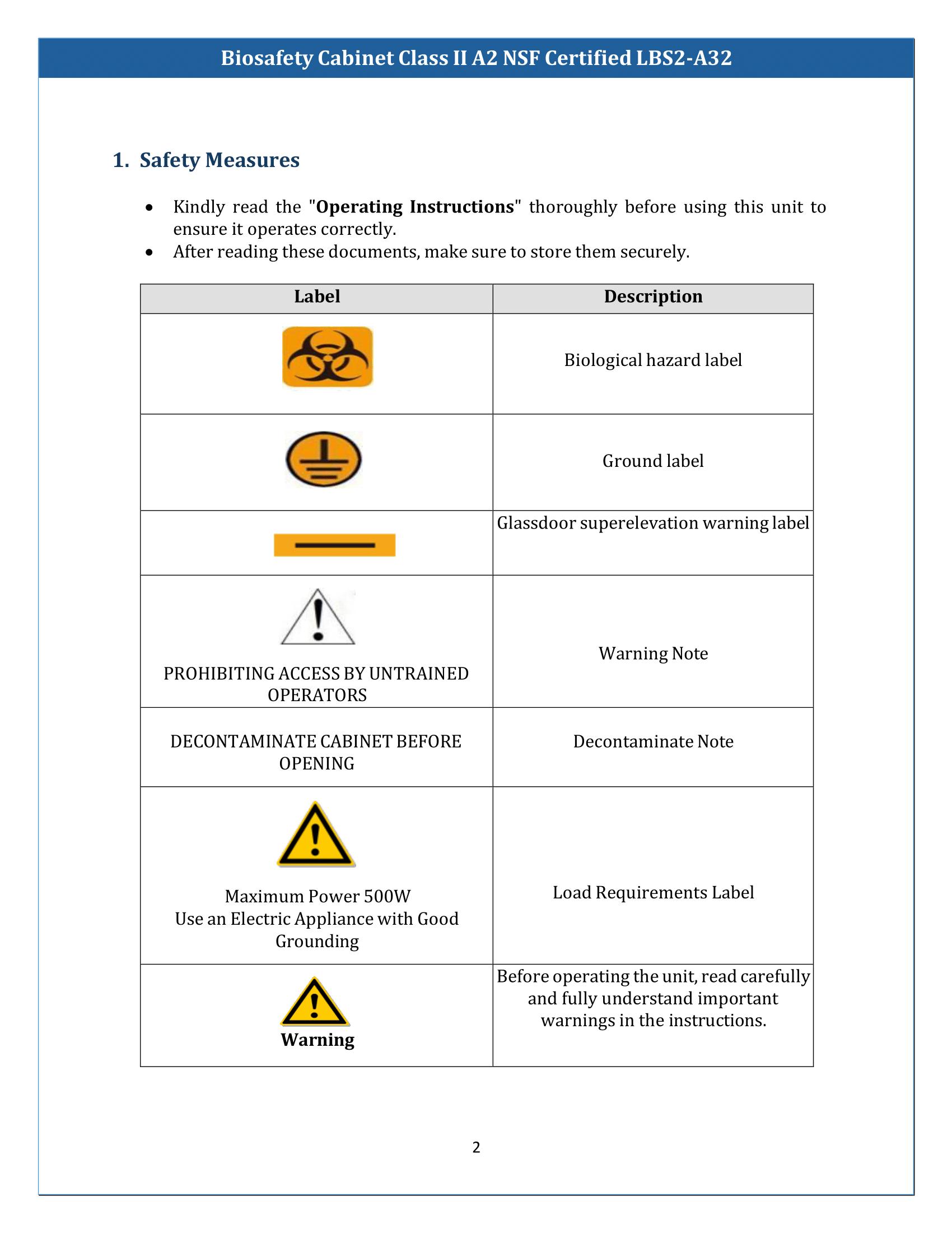 Biosafety Cabinet LBS2-A32 (Class II A2) Manual