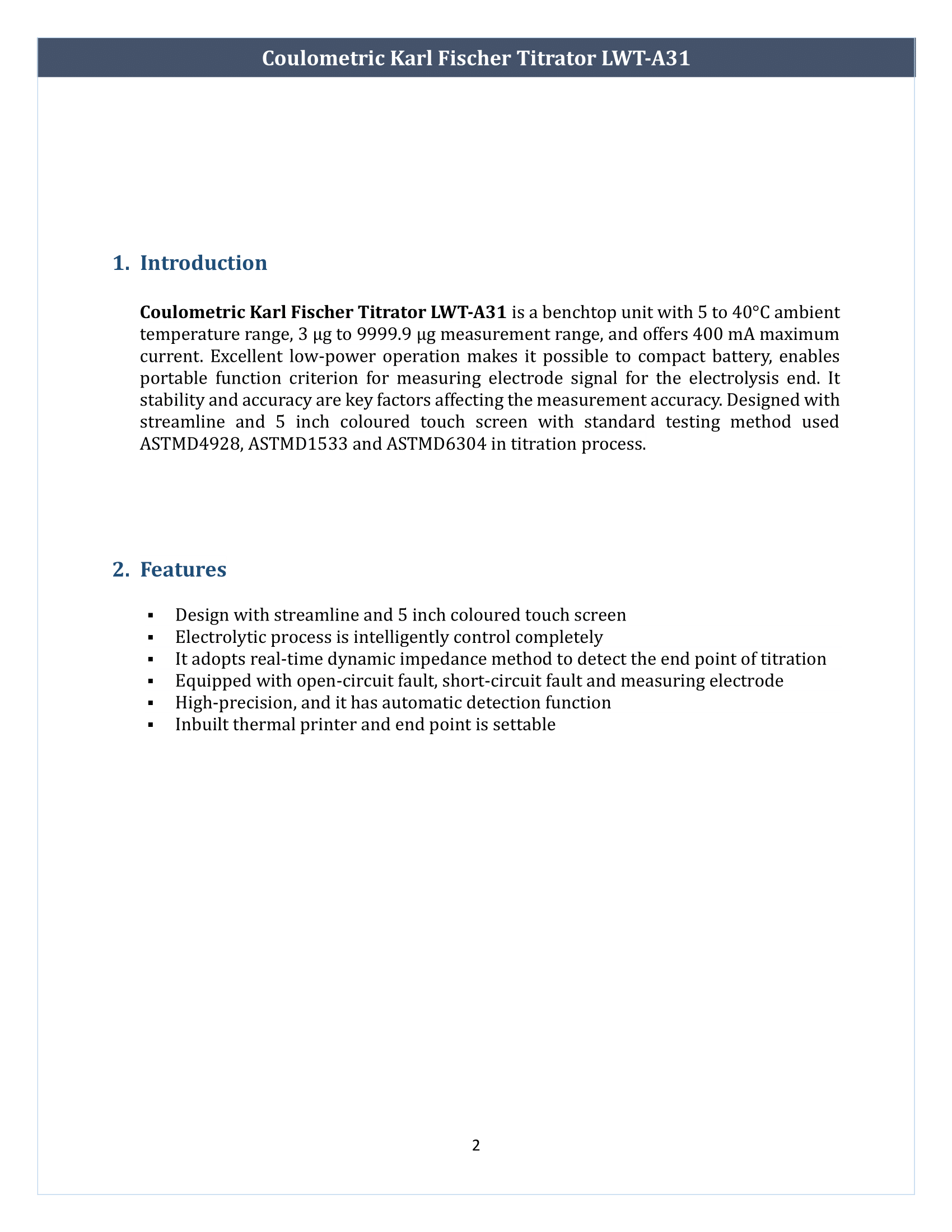 Coulometric Karl Fischer Titrator LWT-A31 Manual