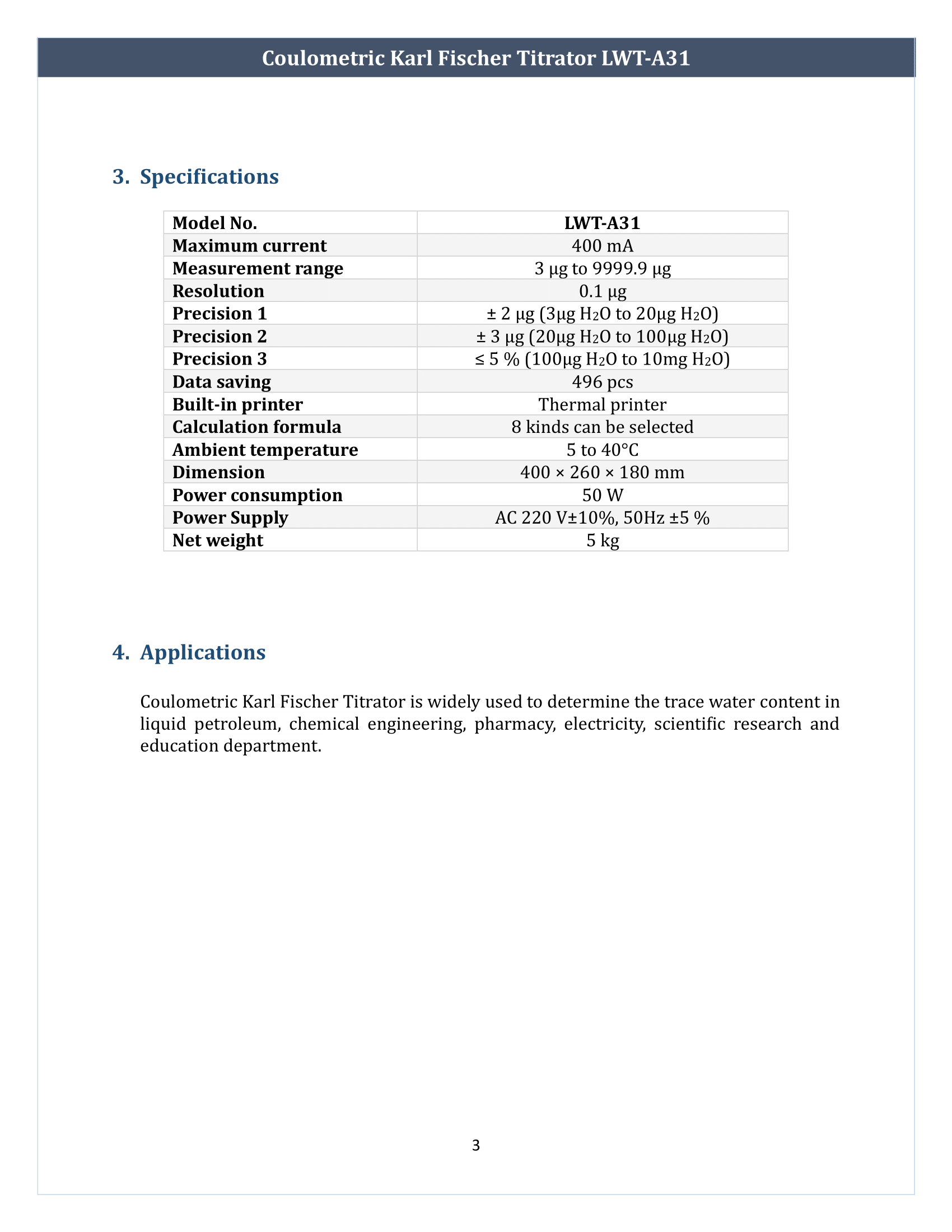 Coulometric Karl Fischer Titrator LWT-A31 Manual