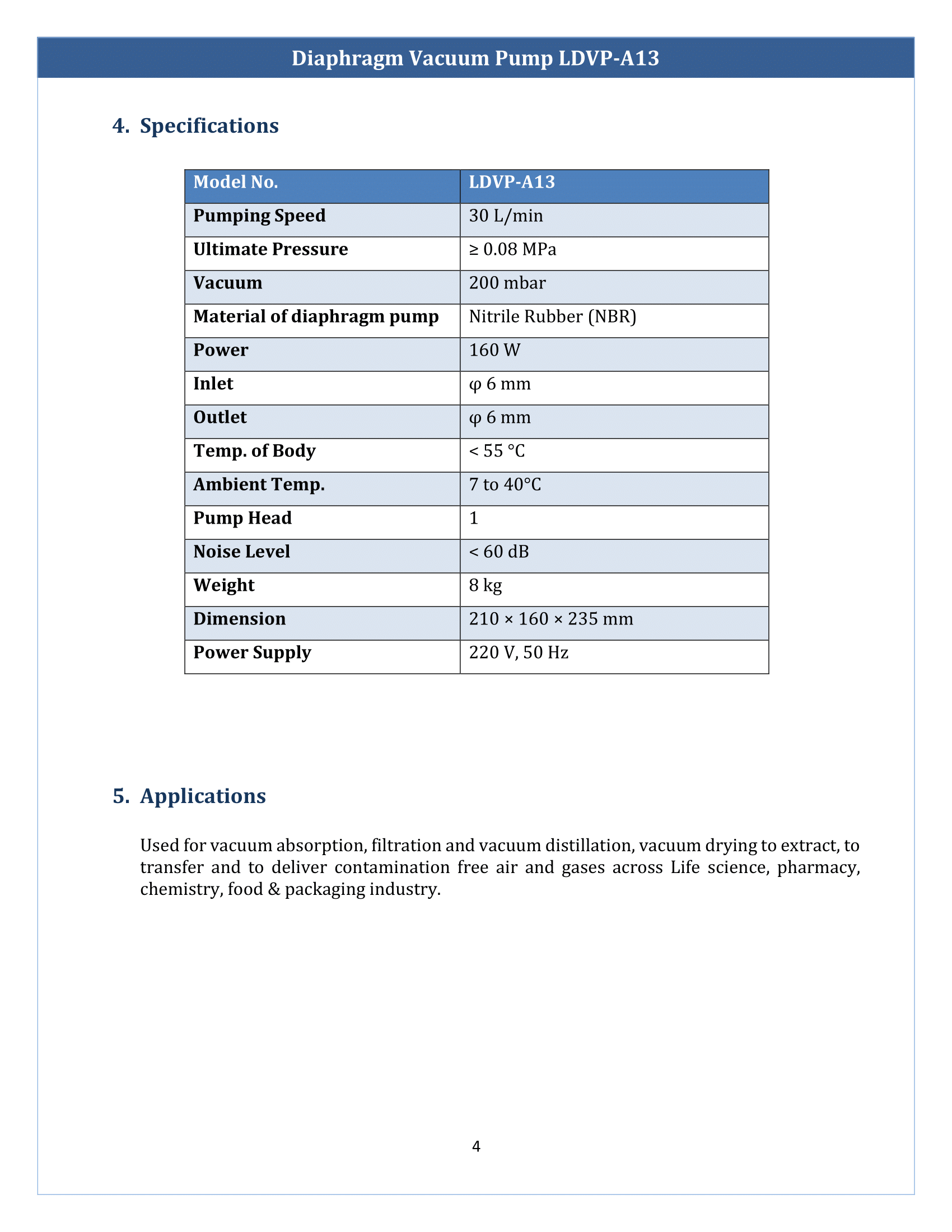 Diaphragm Vacuum Pump LDVP-A13 Manual