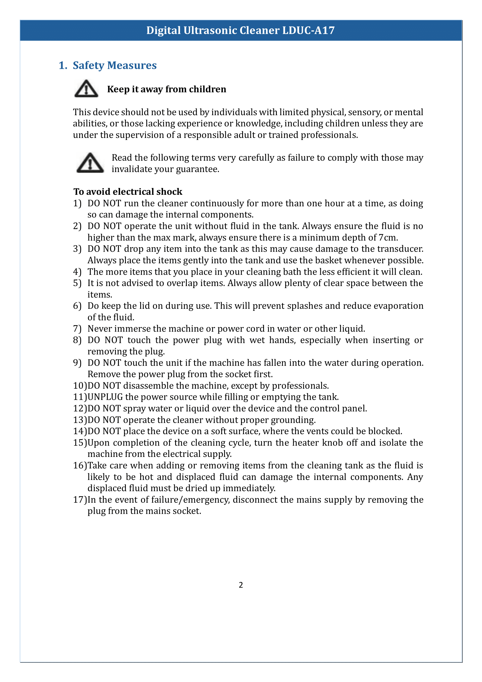Digital Ultrasonic Cleaner LDUC-A17 Manual