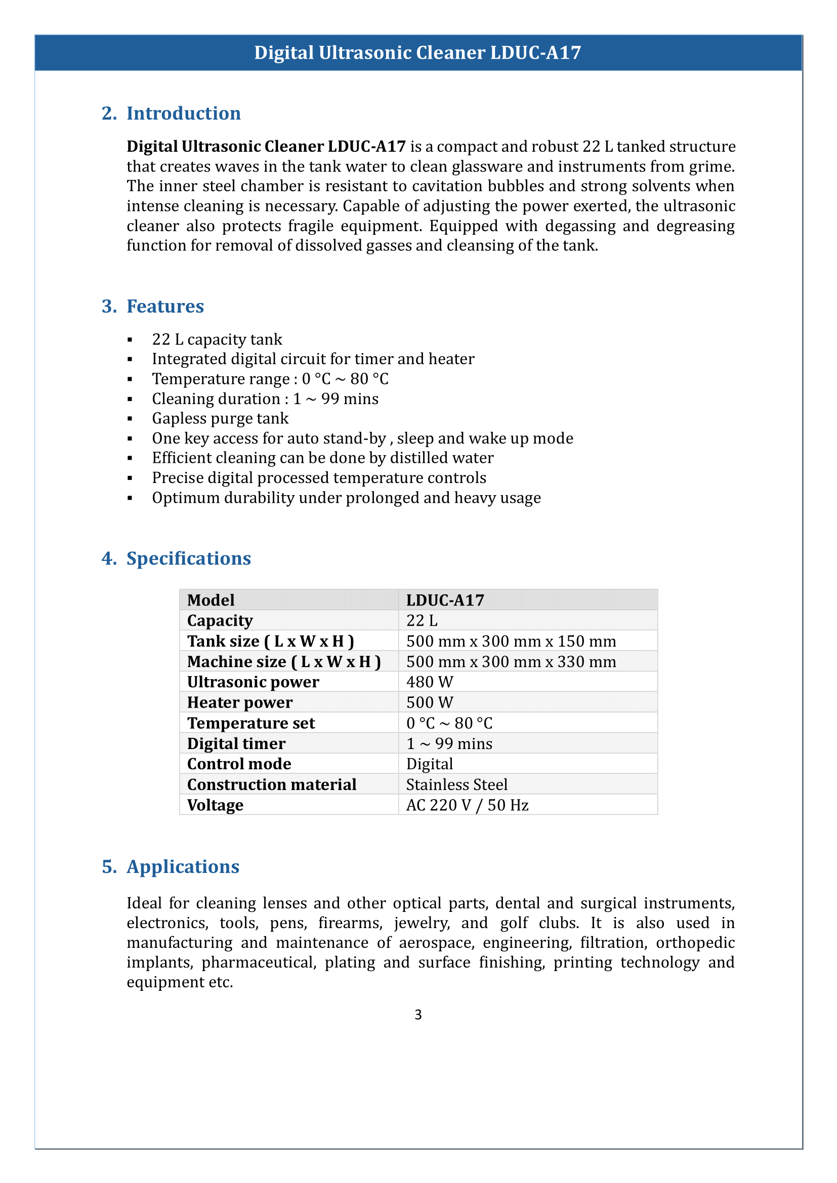 Digital Ultrasonic Cleaner LDUC-A17 Manual