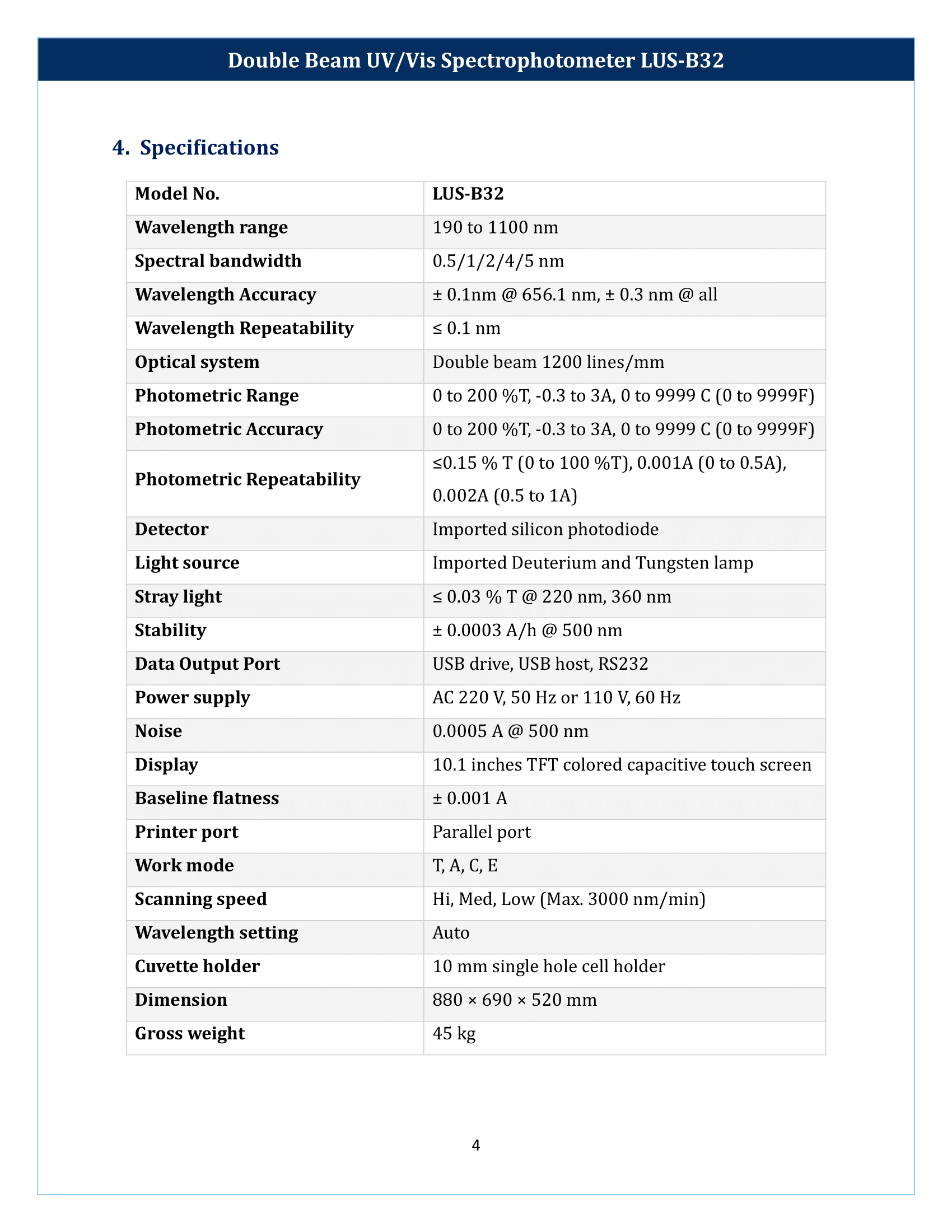 Double Beam UV-Vis Spectrophotometer LUS-B32 Manual