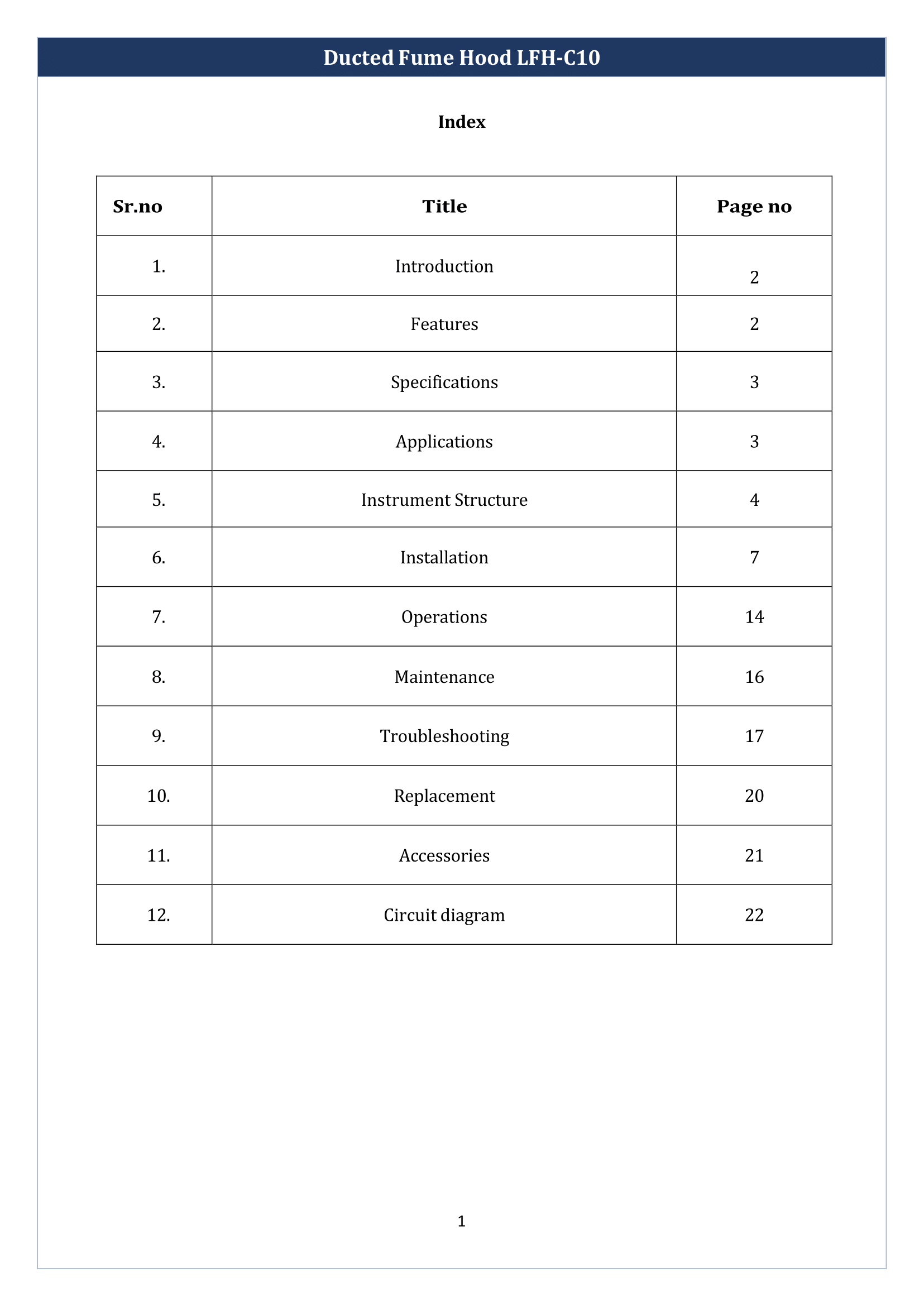 Ducted Fume Hood LFH-C10 Manual