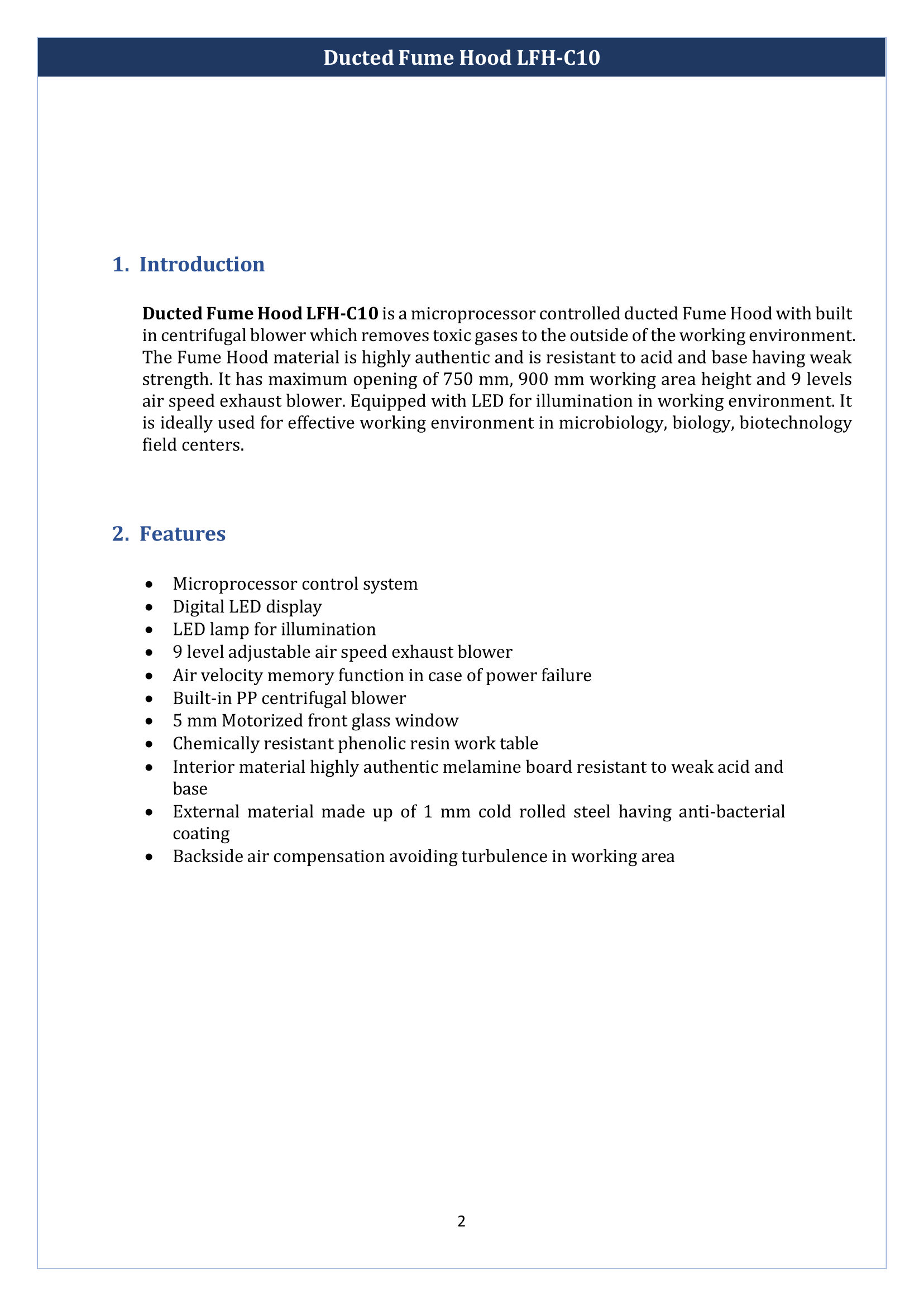 Ducted Fume Hood LFH-C10 Manual