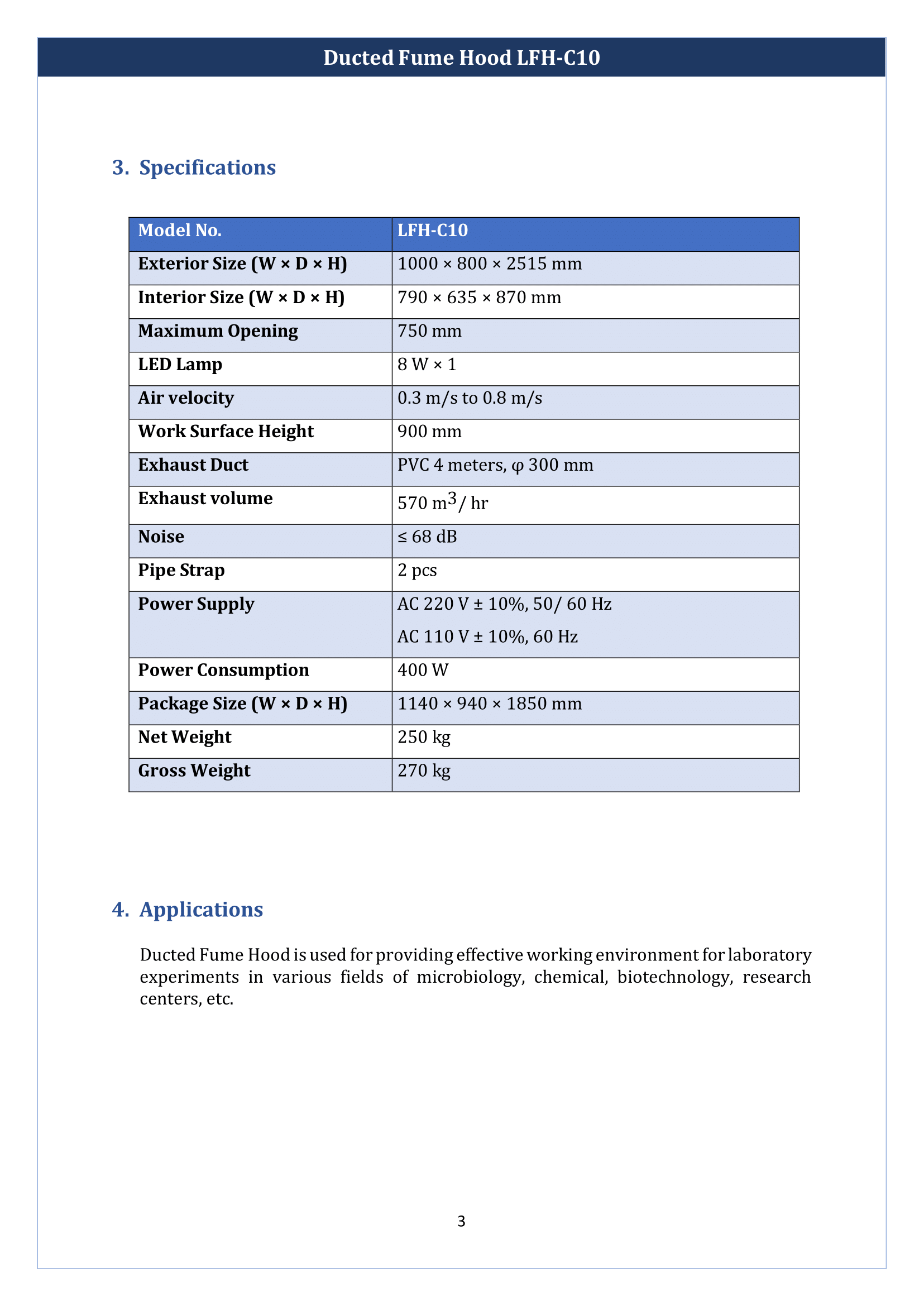 Ducted Fume Hood LFH-C10 Manual