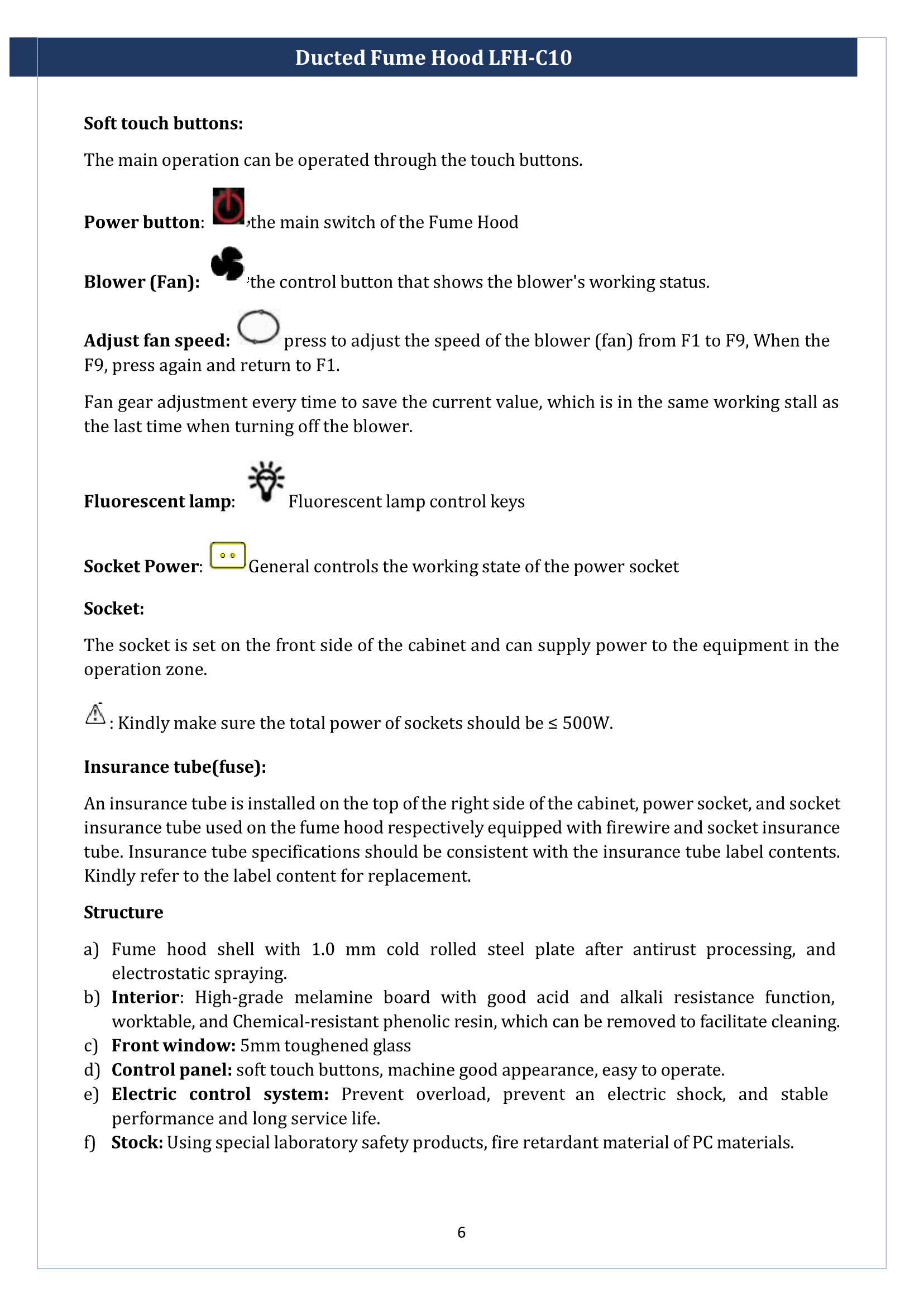 Ducted Fume Hood LFH-C10 Manual