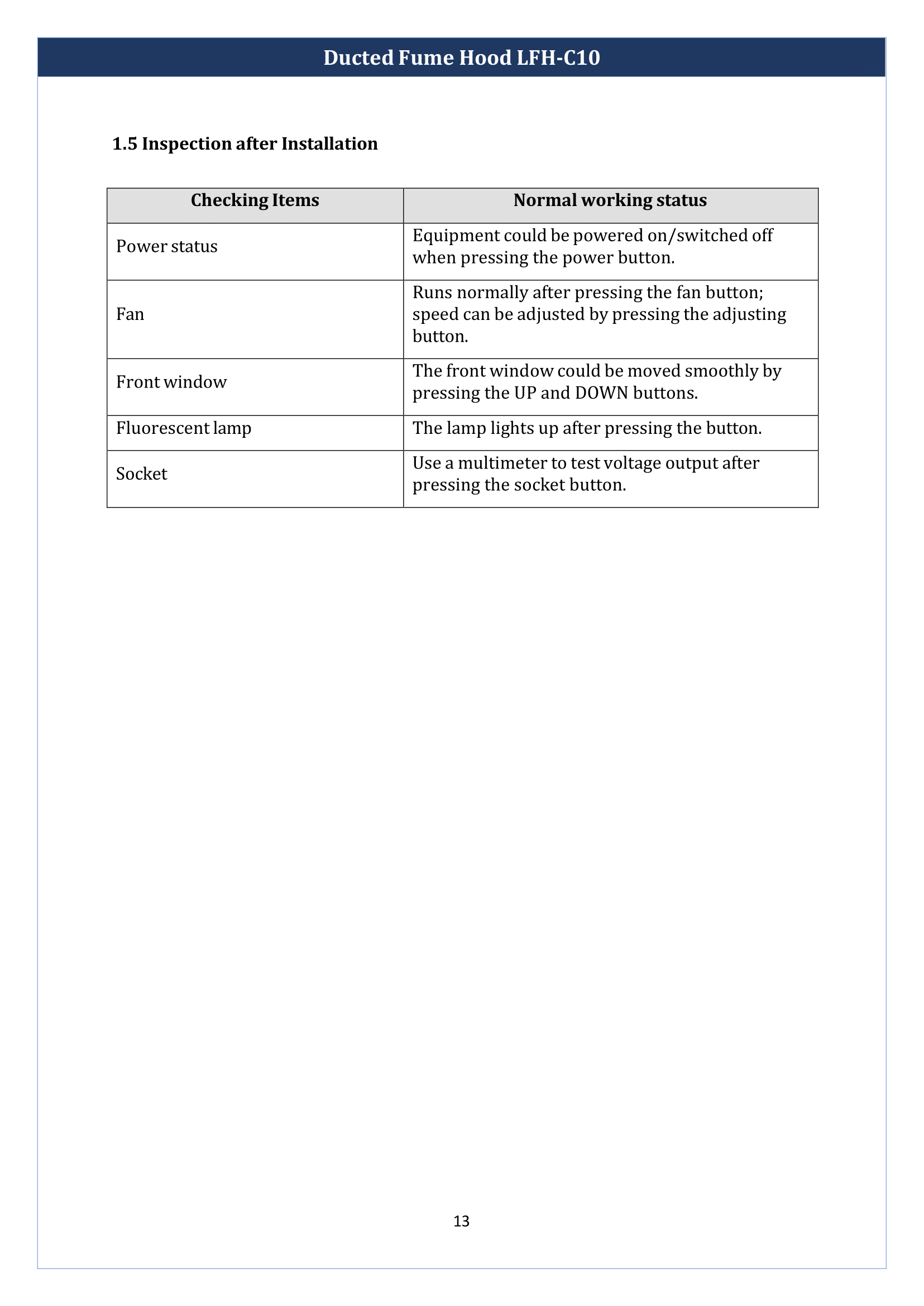 Ducted Fume Hood LFH-C10 Manual