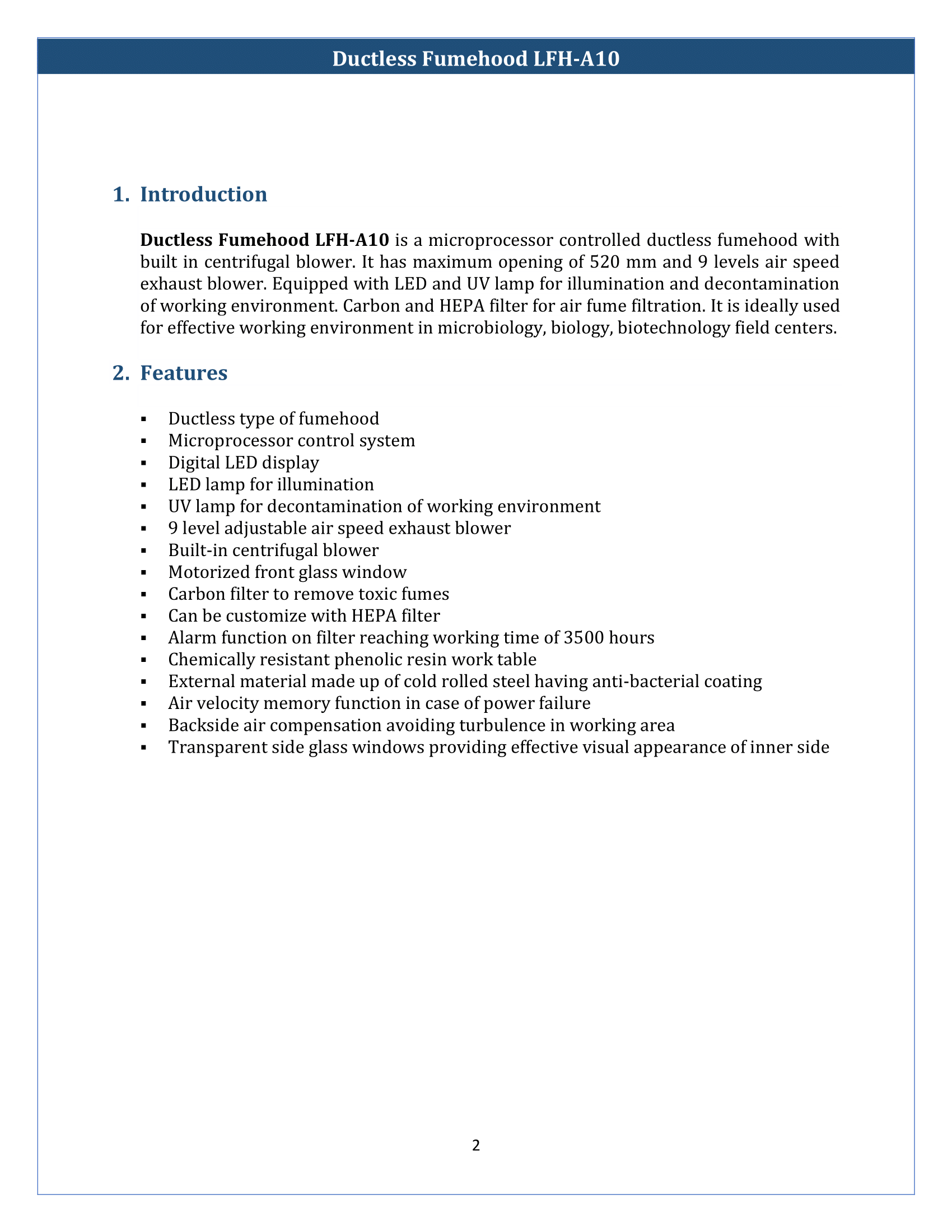 Ducted Fume Hood LFH-A10 Manual
