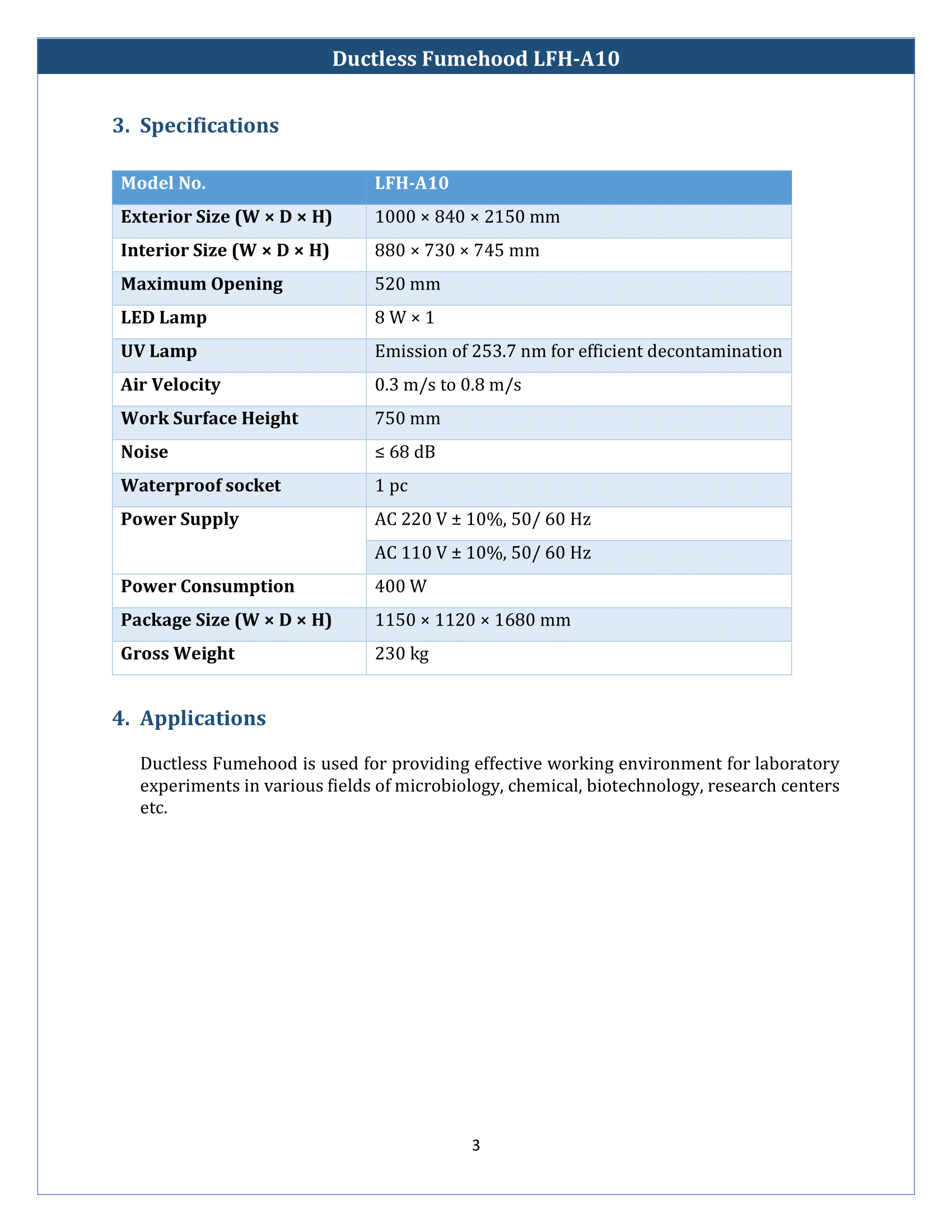 Ducted Fume Hood LFH-A10 Manual