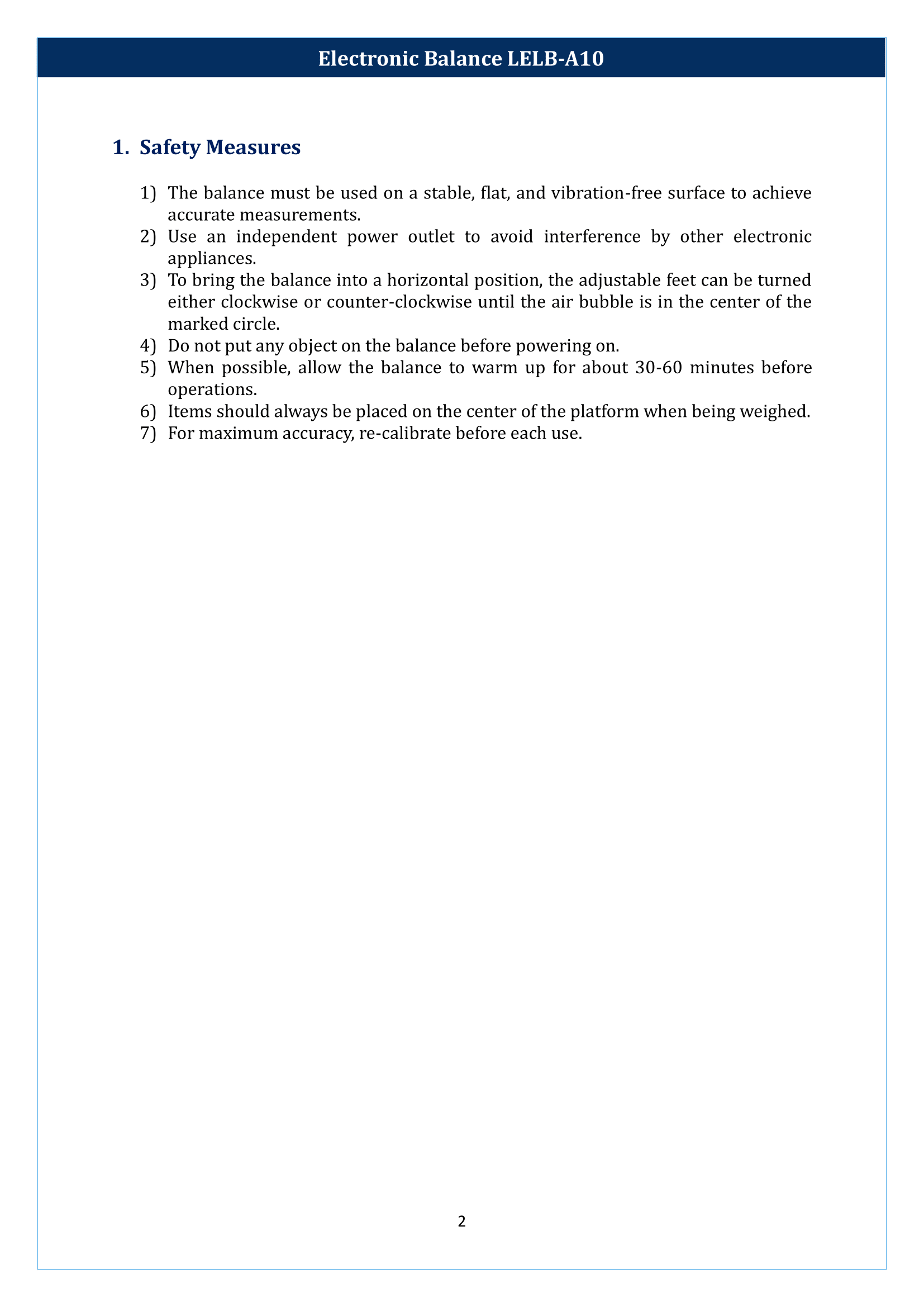 Electronic balance LELB-A10 Manual