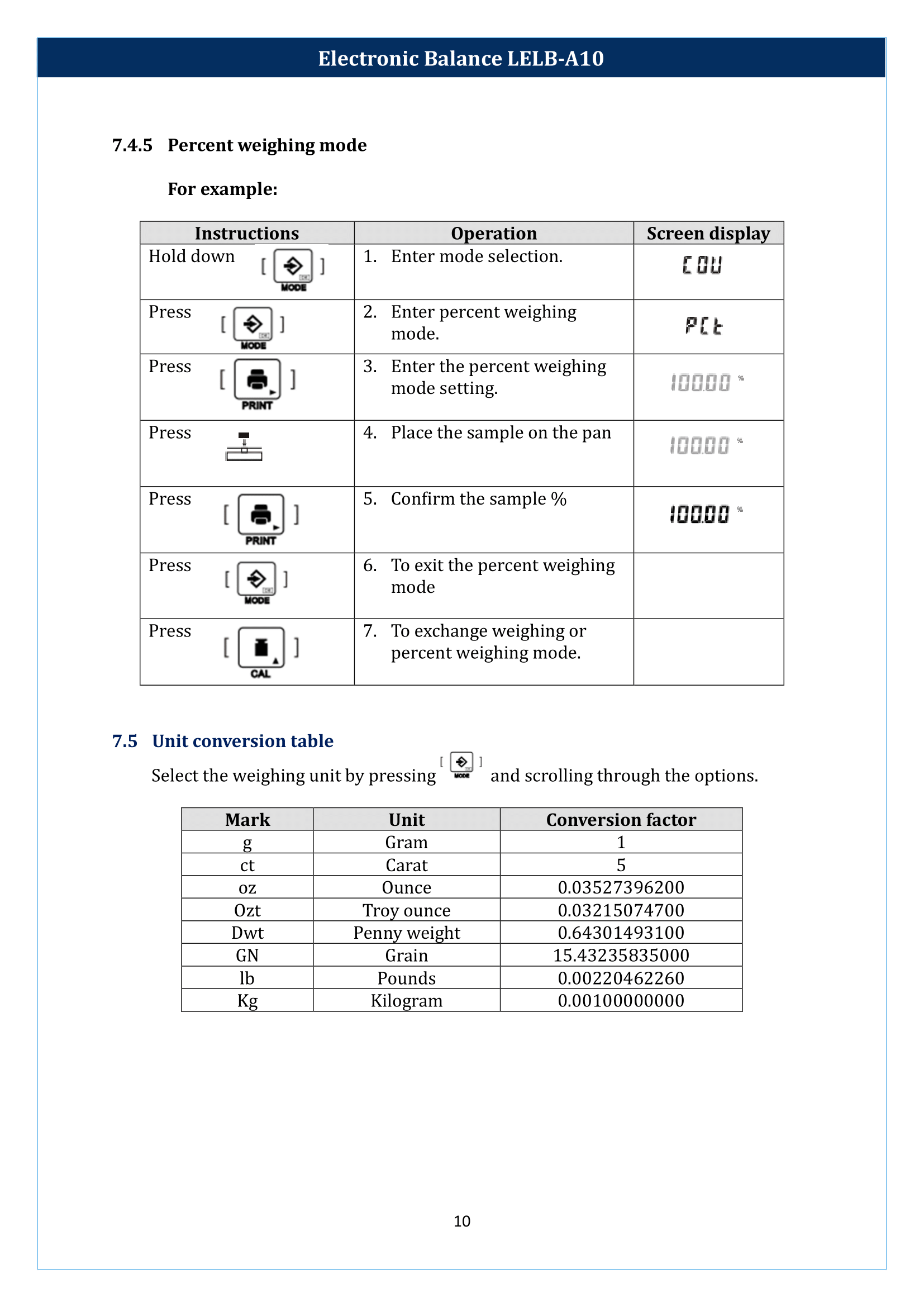 Electronic balance LELB-A10 Manual