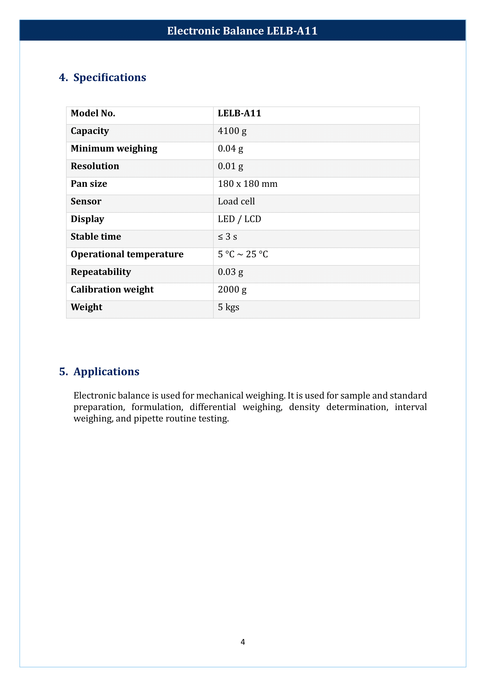 Electronic balance LELB-A11 Manual