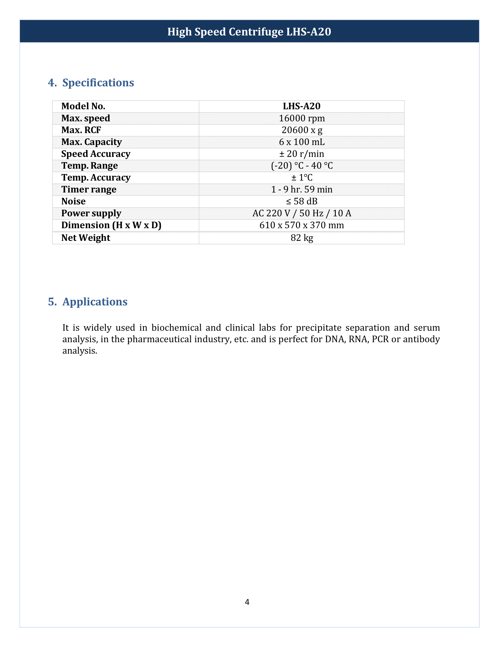 High Speed Centrifuge LHS-A20 Manual