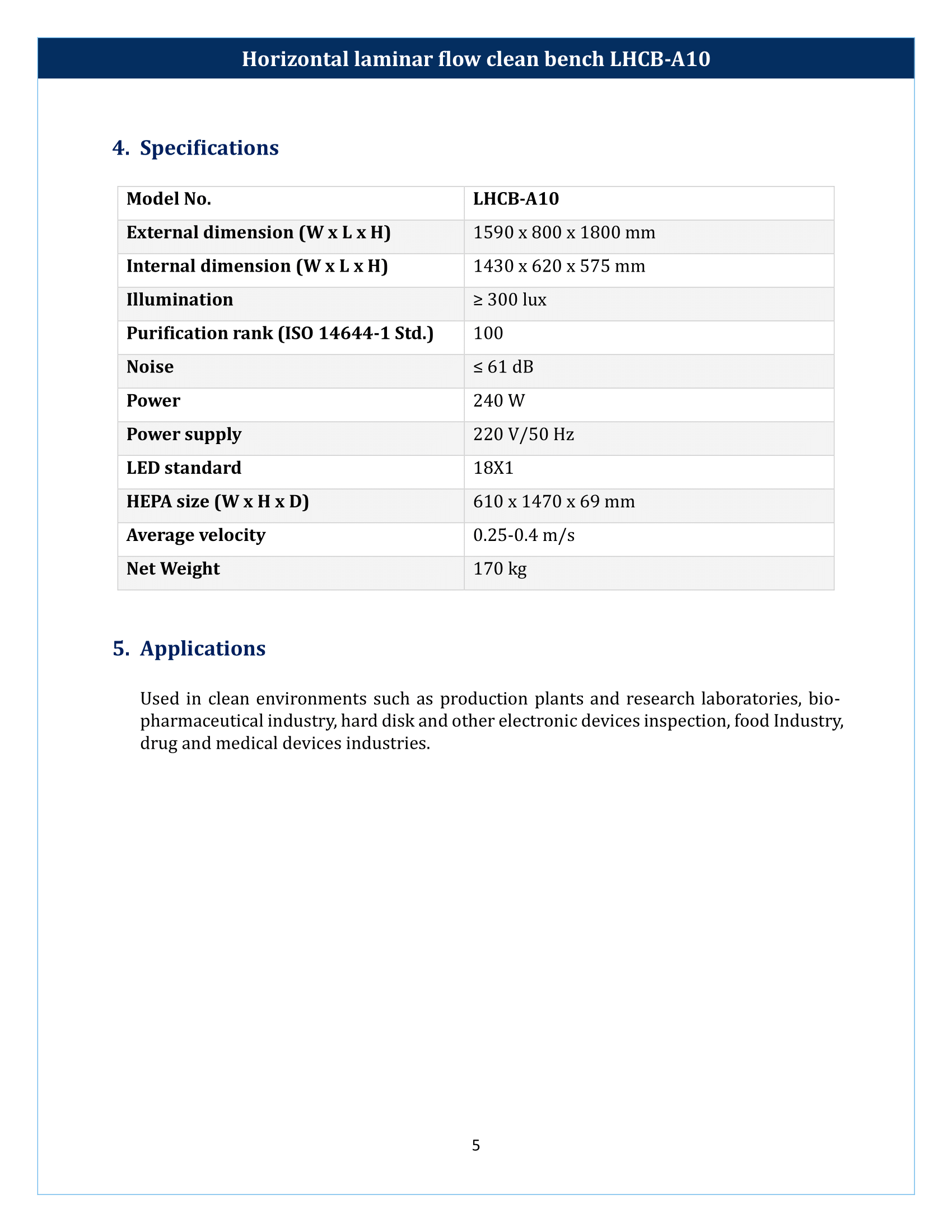 Horizontal laminar flow clean bench LHCB-A10 Manual