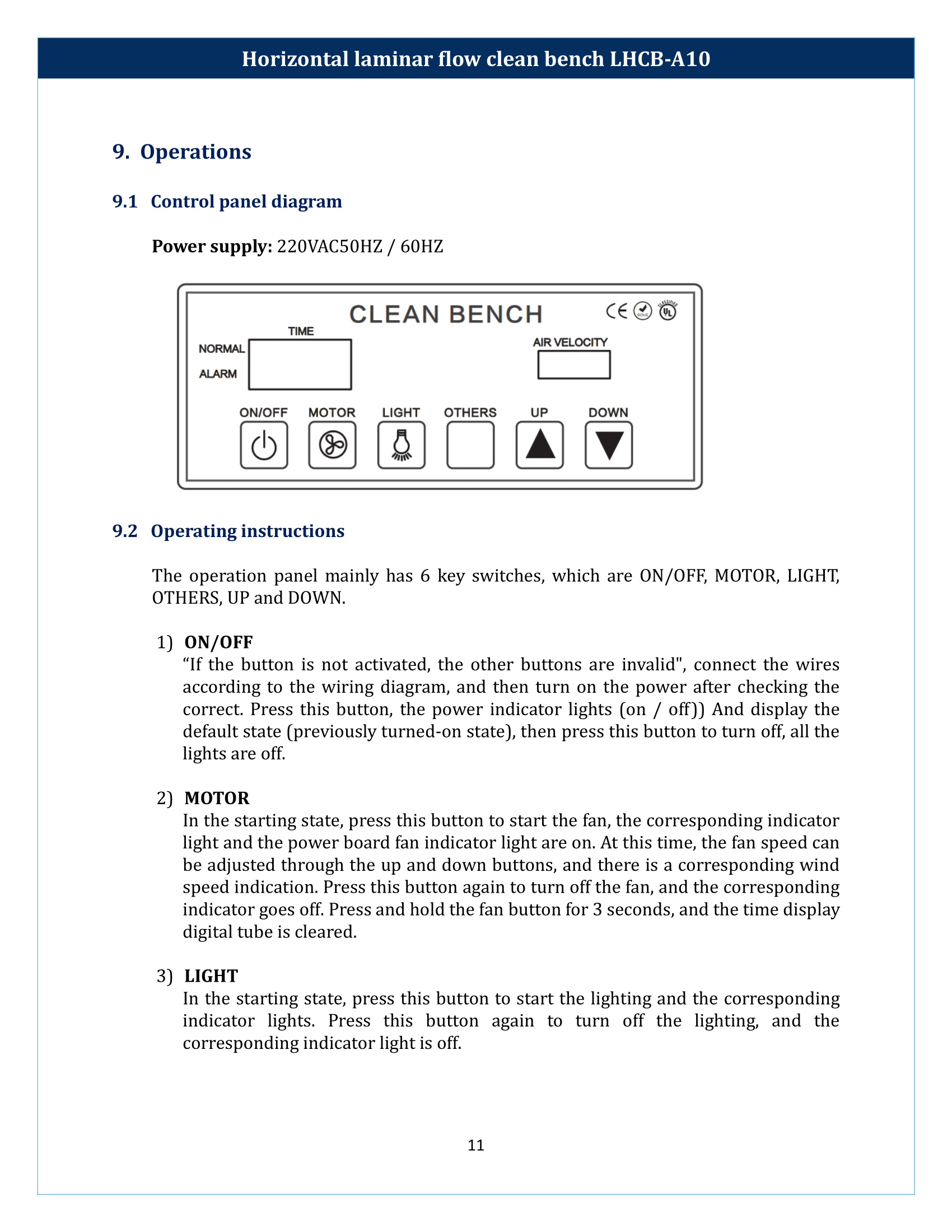 Horizontal laminar flow clean bench LHCB-A10 Manual