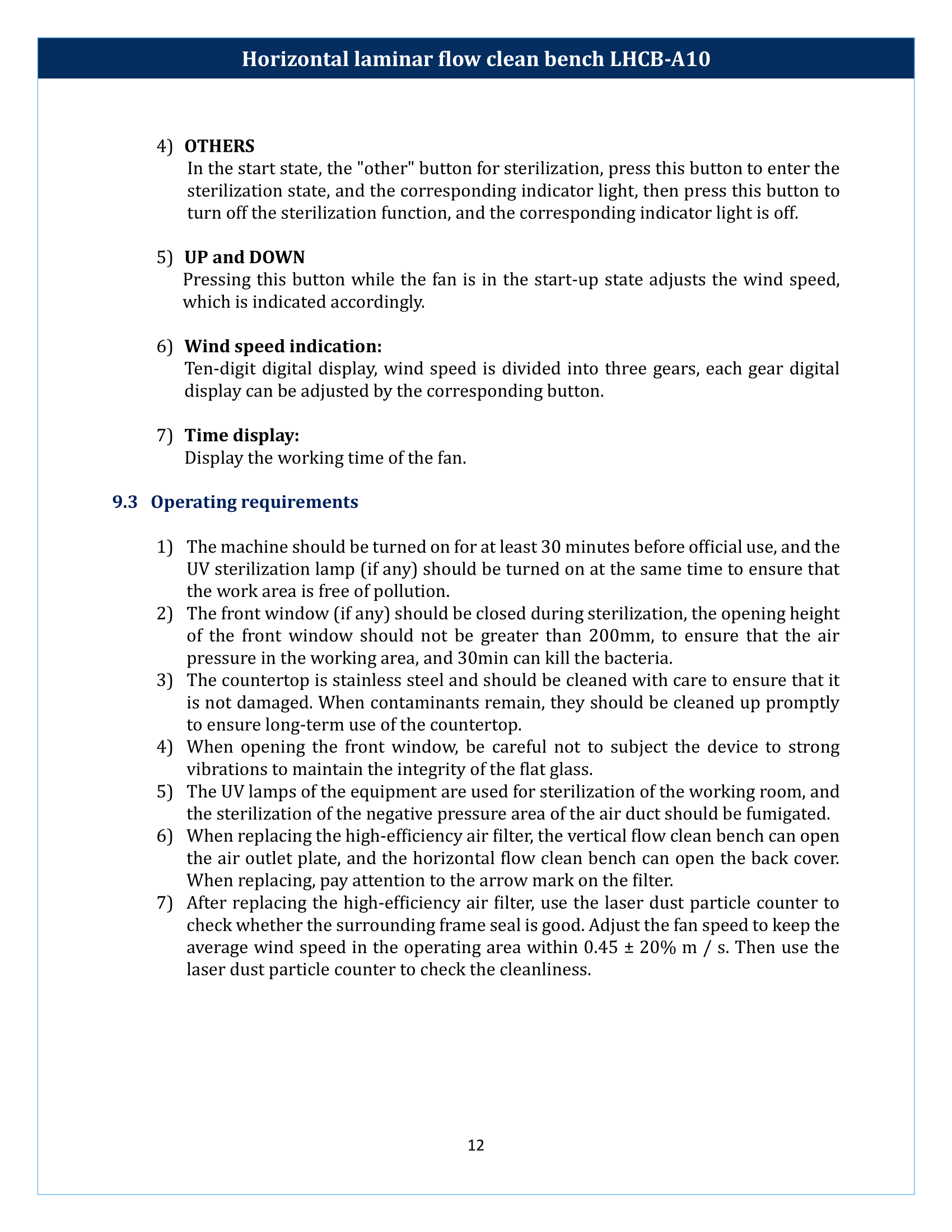 Horizontal laminar flow clean bench LHCB-A10 Manual