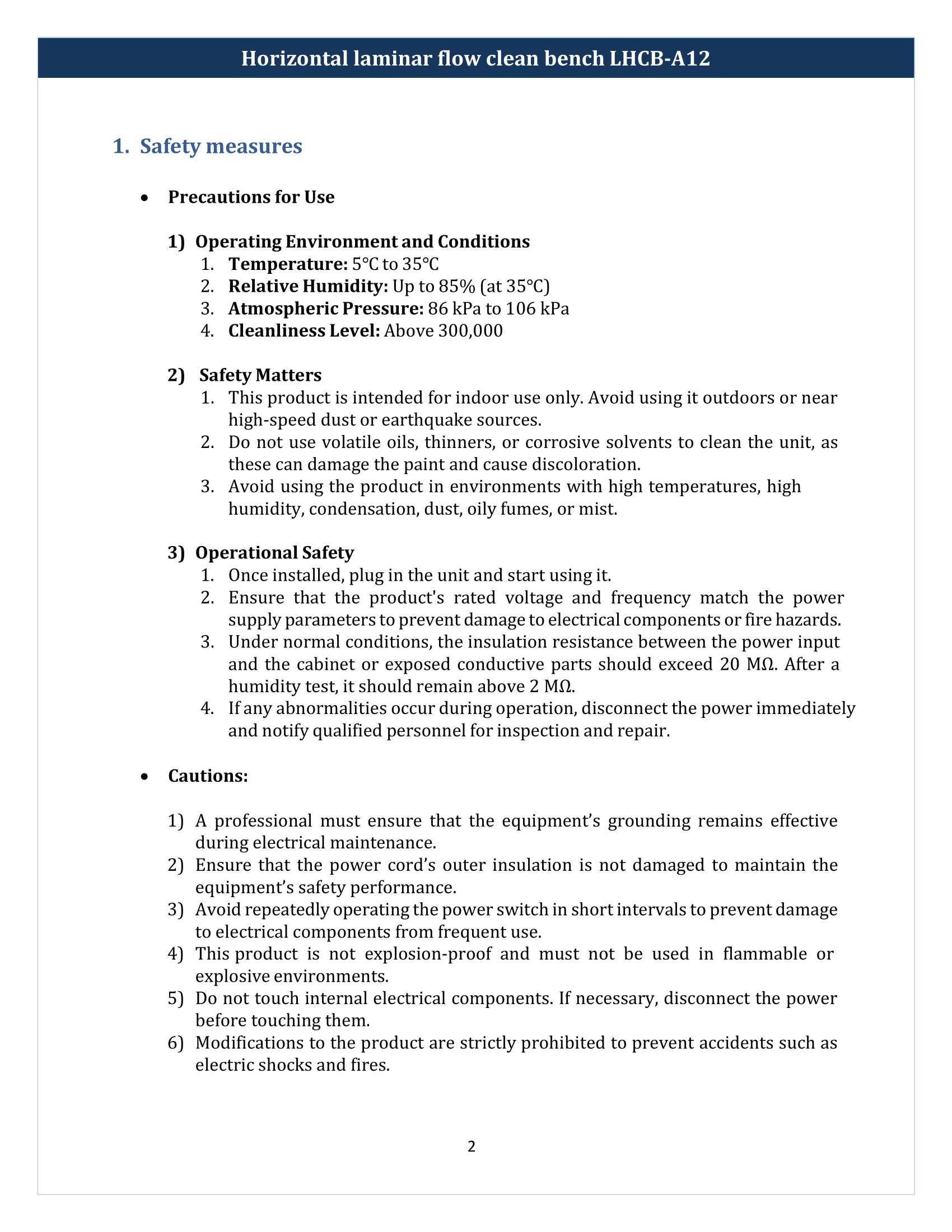 Horizontal laminar flow clean bench LHCB-A12 Manual