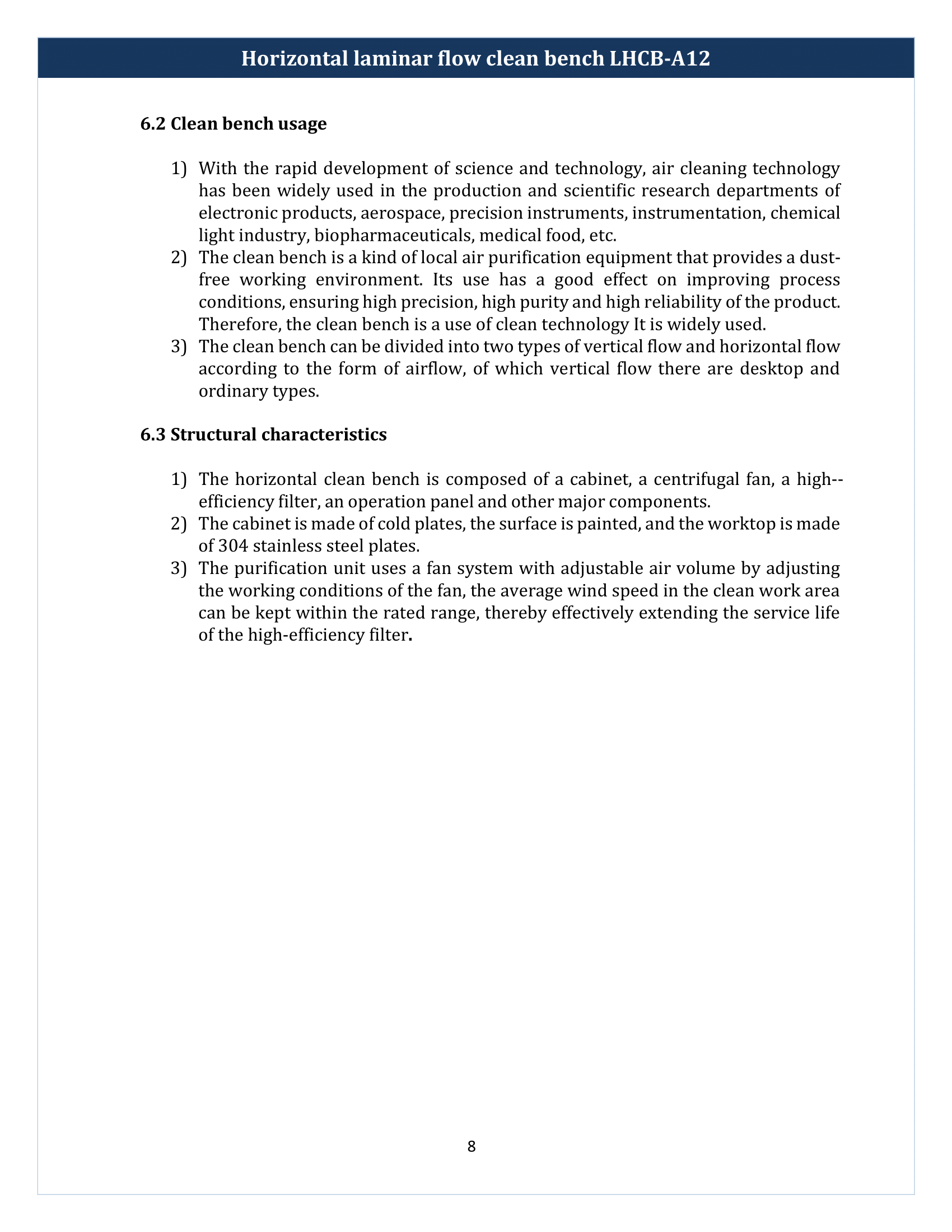 Horizontal laminar flow clean bench LHCB-A12 Manual