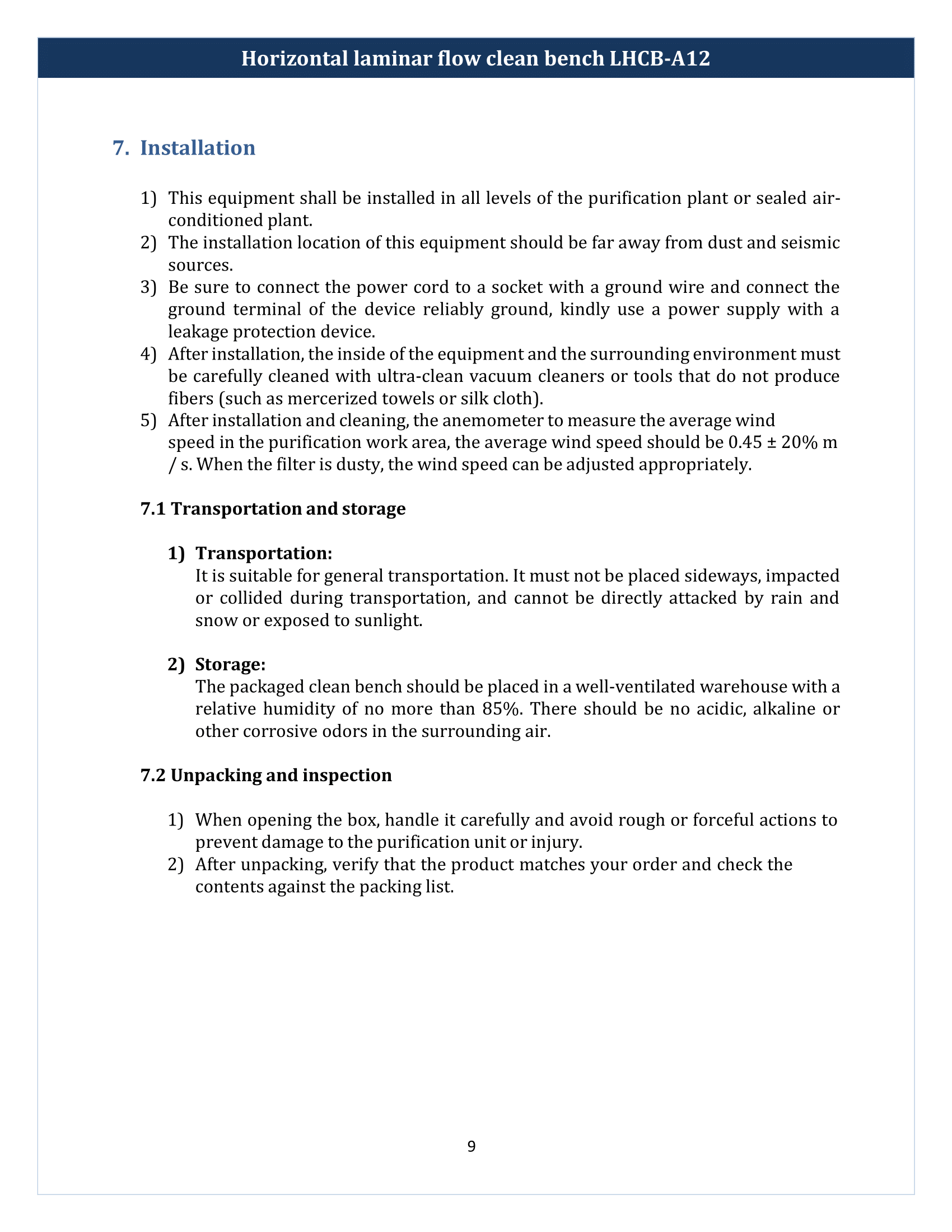Horizontal laminar flow clean bench LHCB-A12 Manual