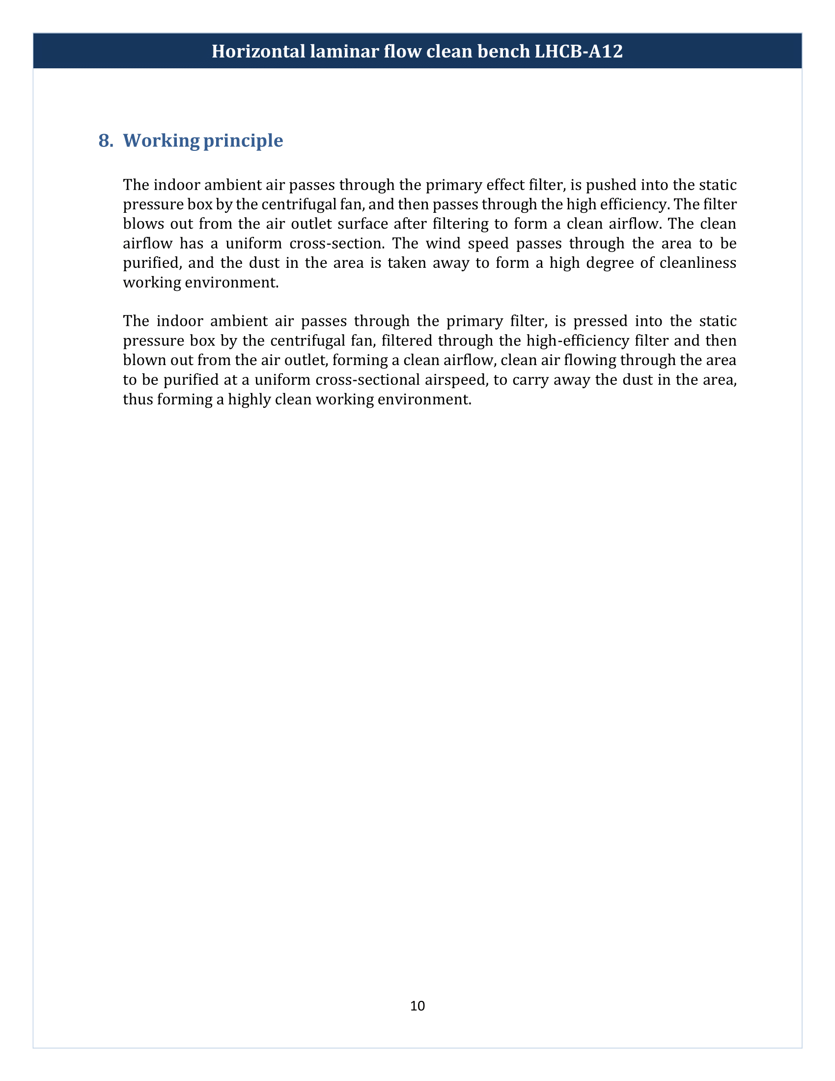 Horizontal laminar flow clean bench LHCB-A12 Manual