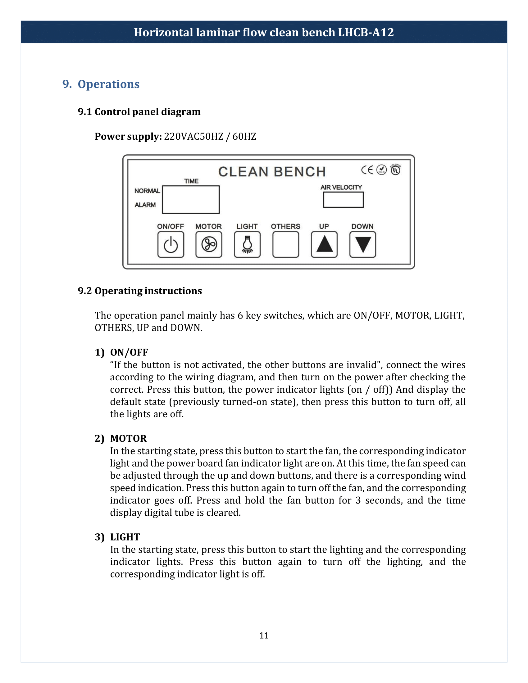 Horizontal laminar flow clean bench LHCB-A12 Manual