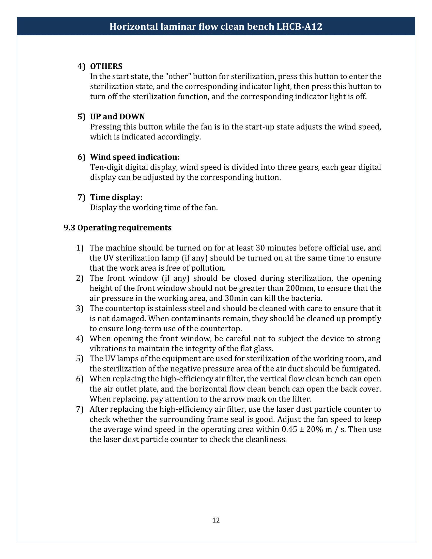 Horizontal laminar flow clean bench LHCB-A12 Manual