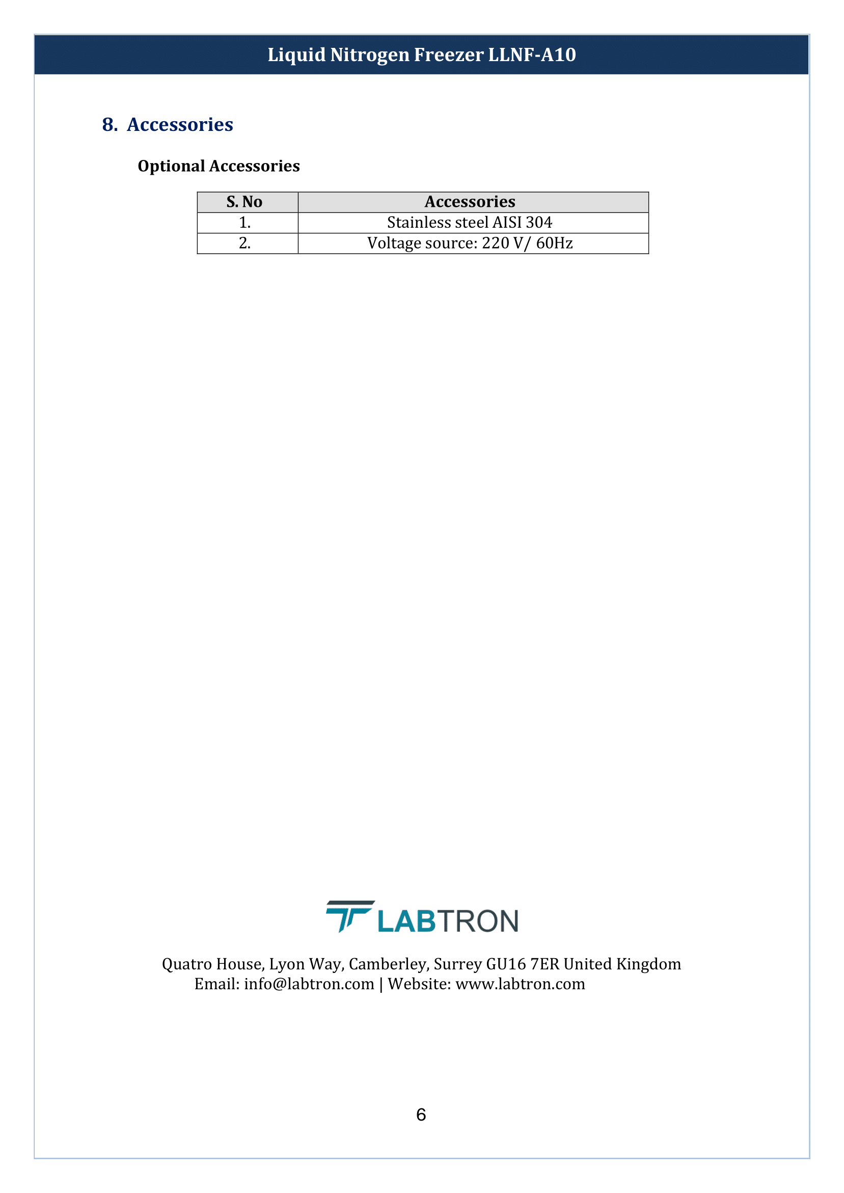 Liquid Nitrogen Freezer LLNF-A10 Manual