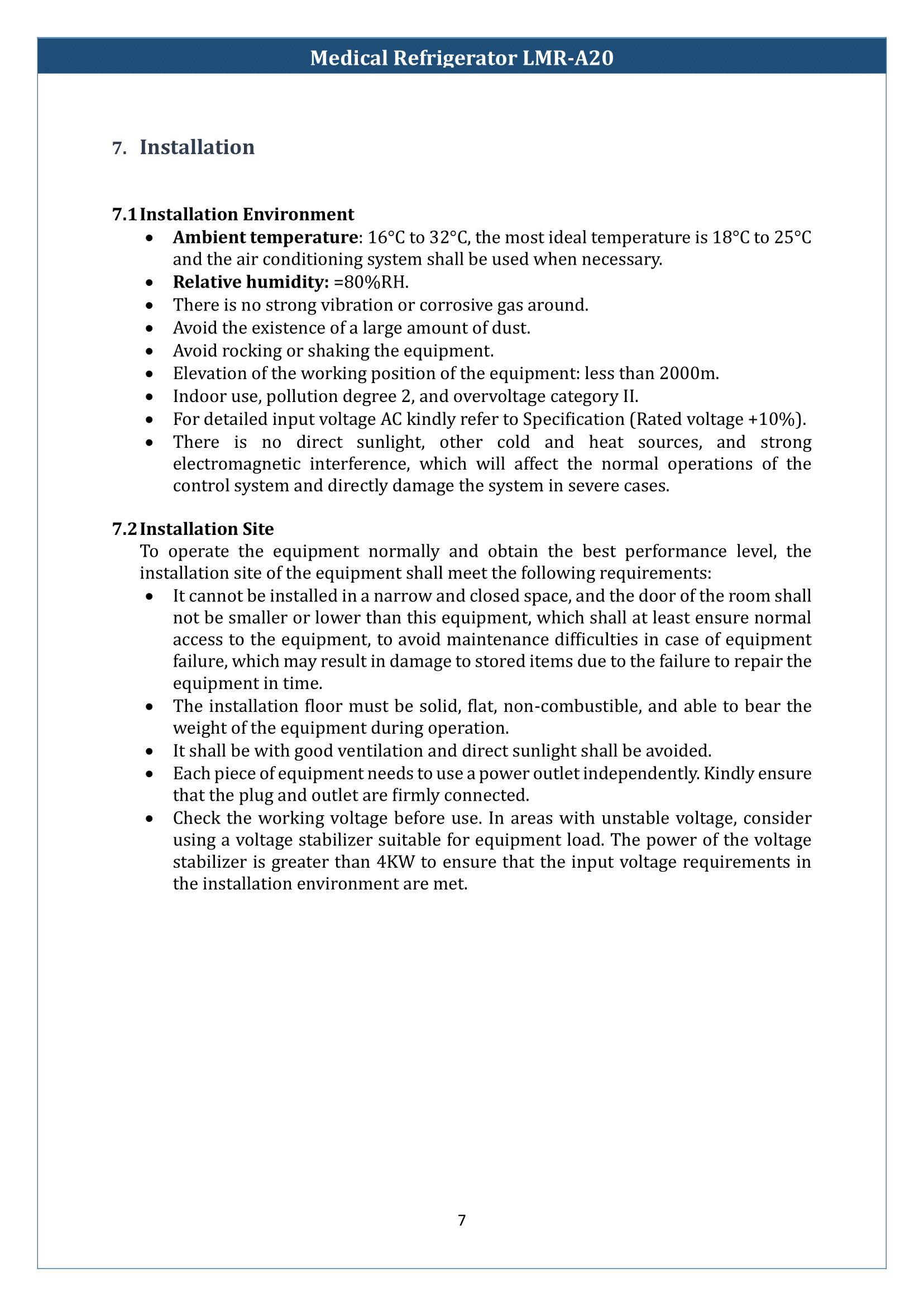 Medical Refrigerator LMR-A20 Manual