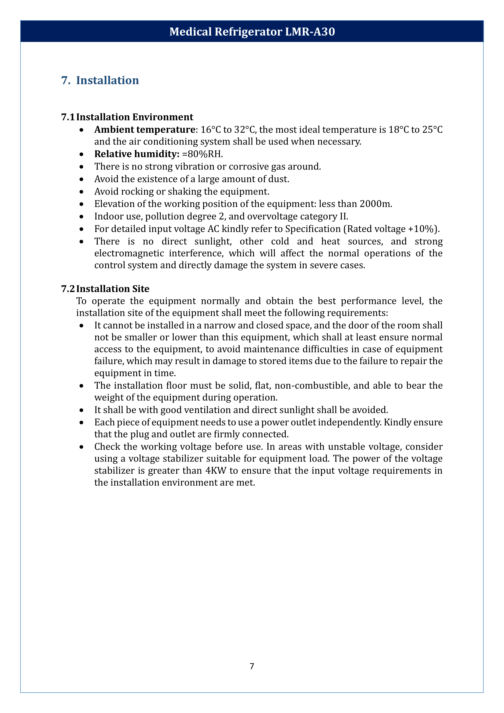 Medical Refrigerator LMR-A30 Manual