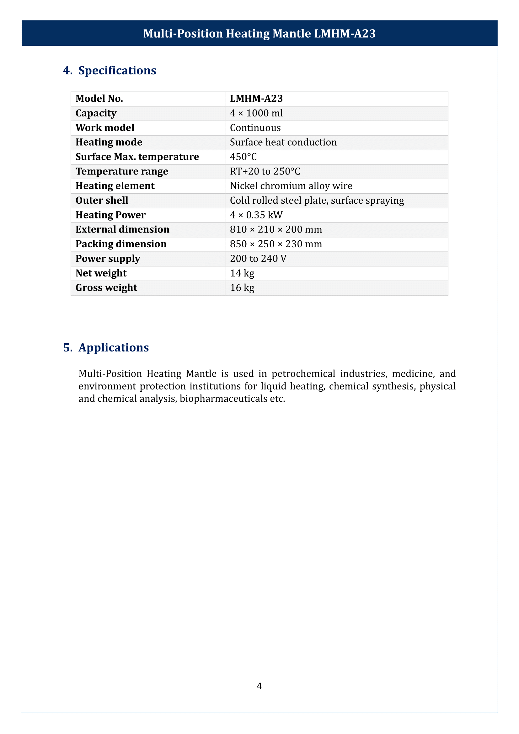 Multi-Position Heating Mantle LMHM-A23 Manual
