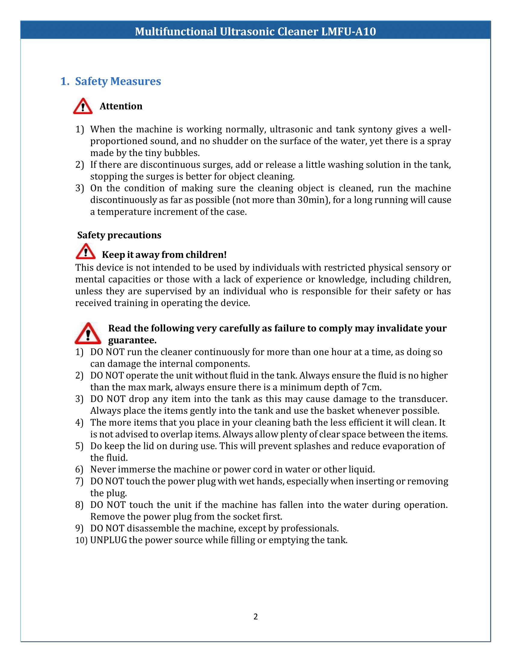 Multifunctional Ultrasonic Cleaner LMFU-A10 Manual