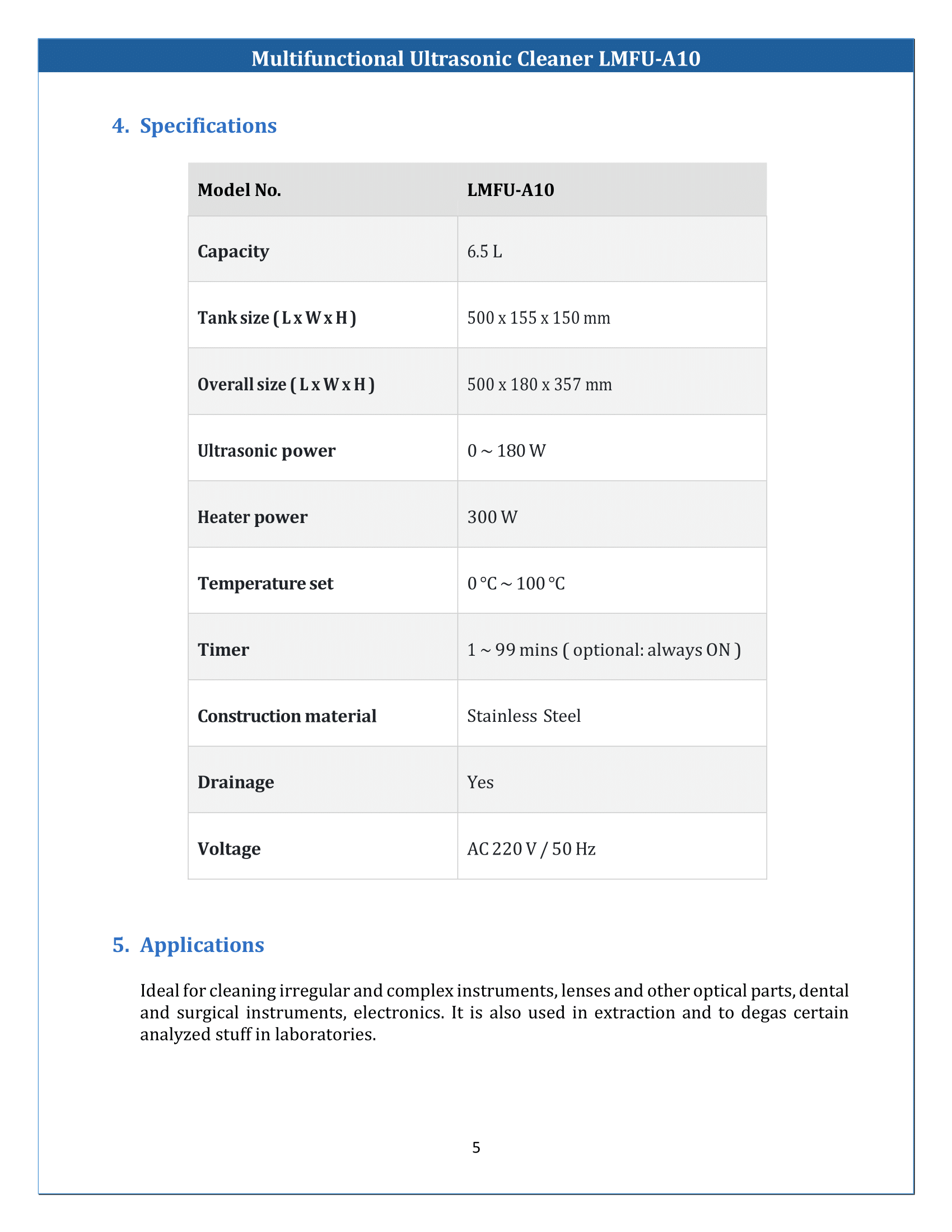 Multifunctional Ultrasonic Cleaner LMFU-A10 Manual