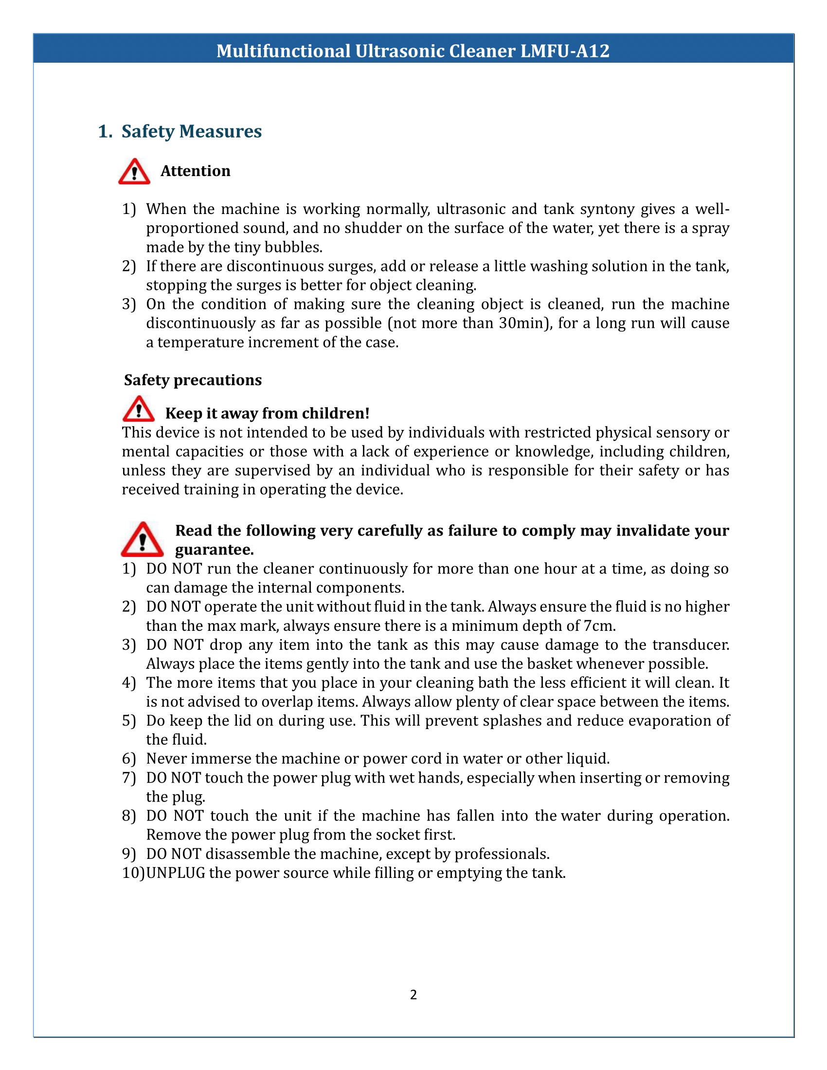 Multifunctional Ultrasonic Cleaner LMFU-A12 Manual