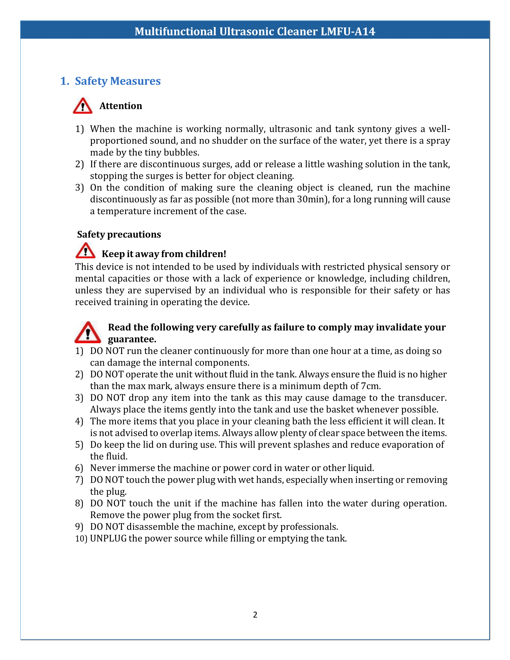 Multifunctional Ultrasonic Cleaner LMFU-A14 Manual