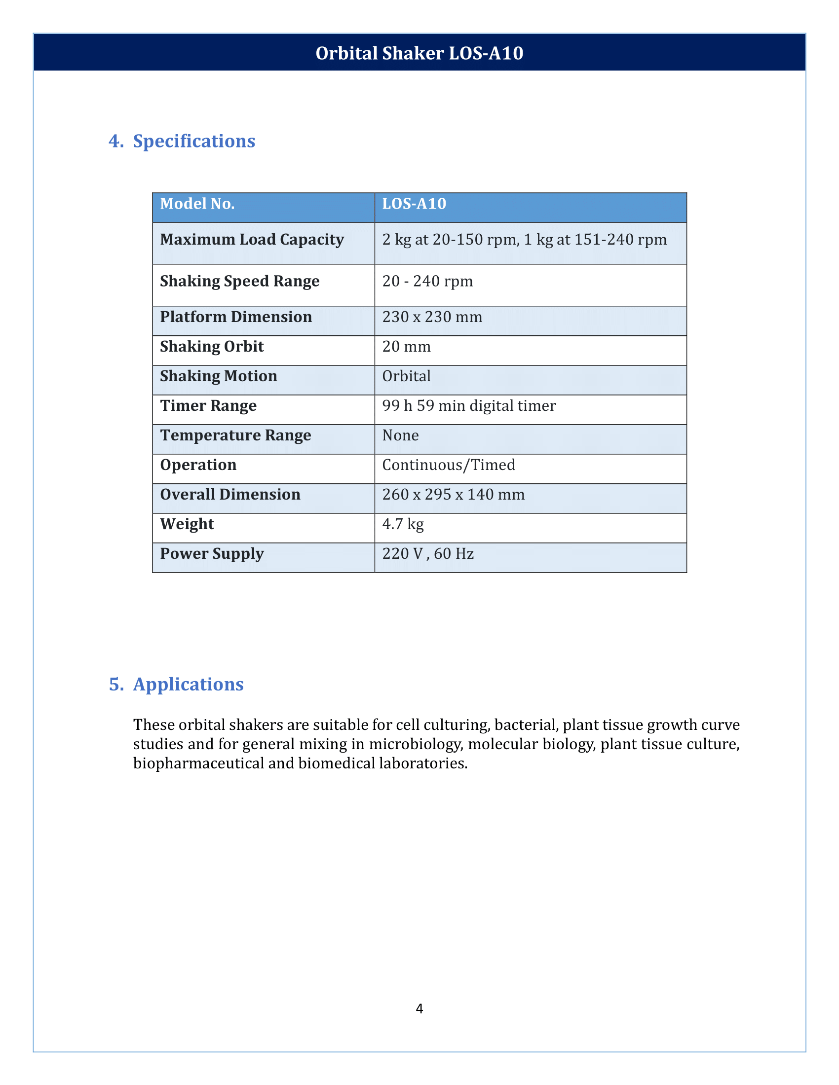 Orbital Shaker LOS-A10 Manual