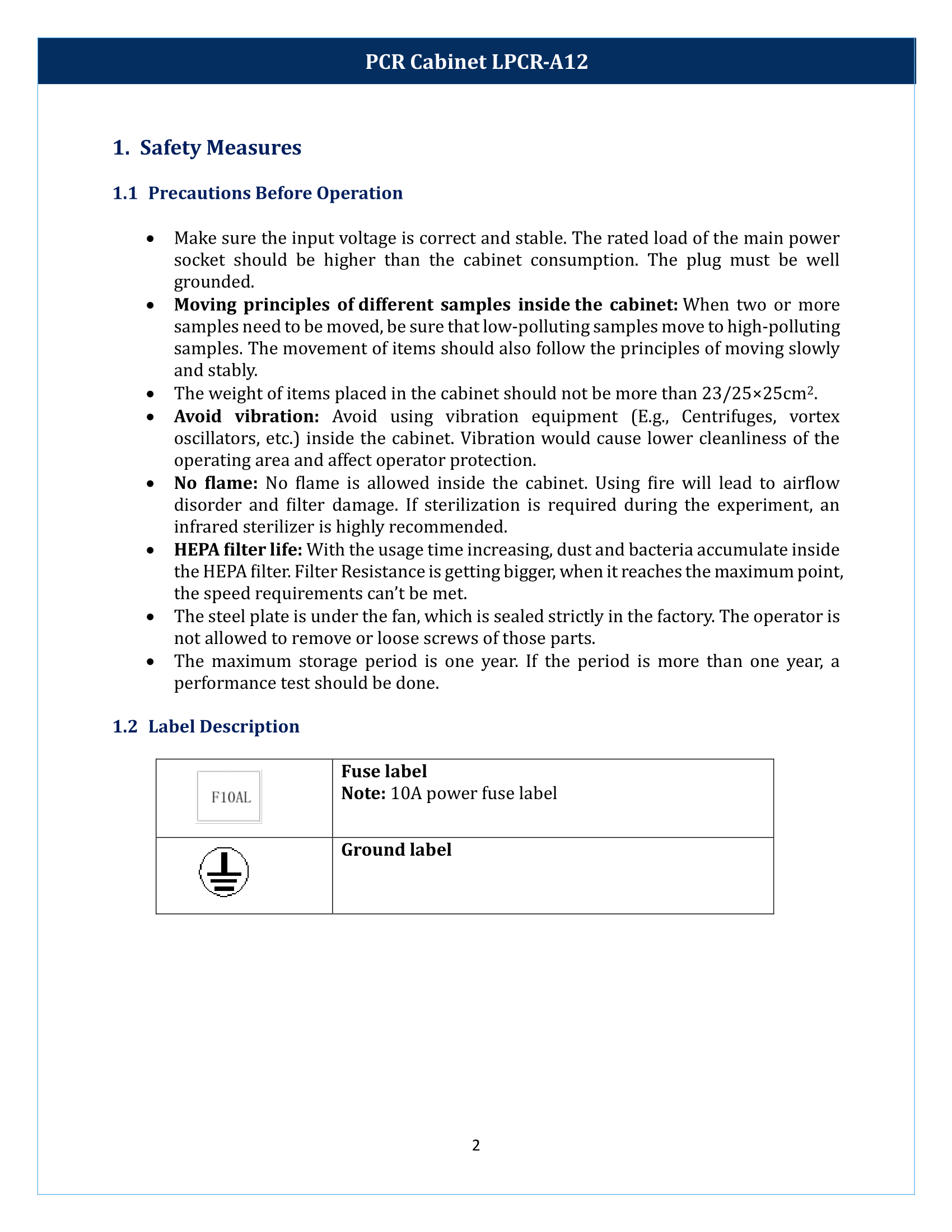 PCR Cabinet LPCR-A12 Manual