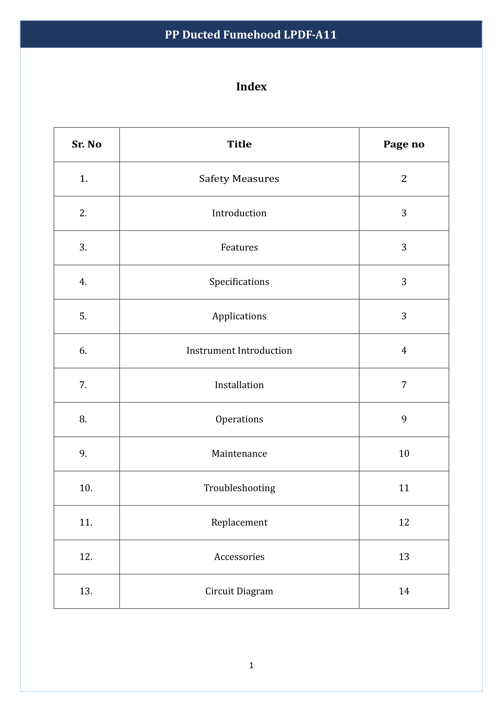 PP Ducted Fume Hood LPDF-A11 Manual