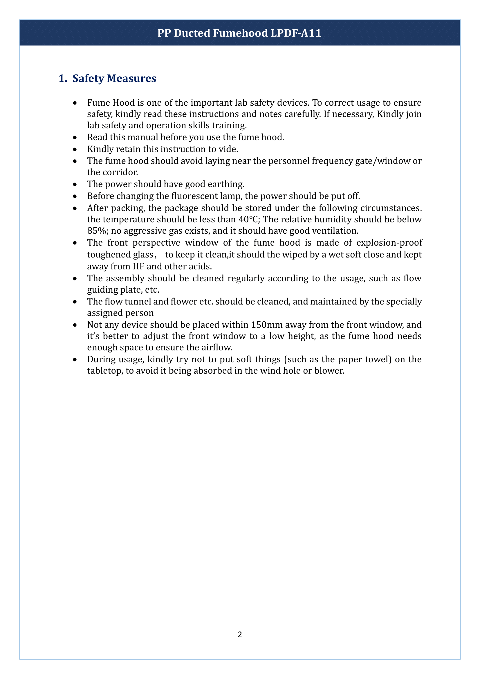 PP Ducted Fume Hood LPDF-A11 Manual
