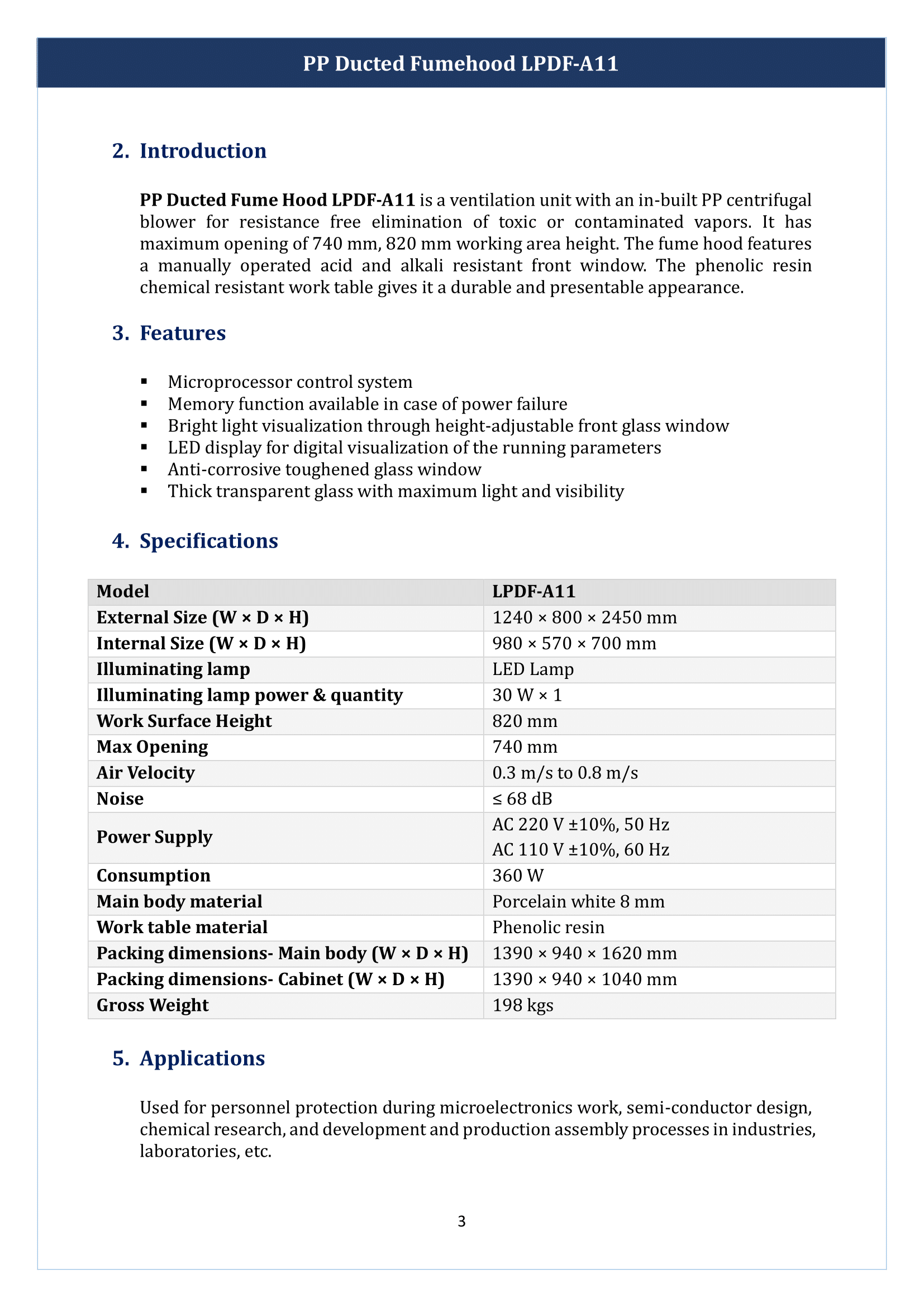PP Ducted Fume Hood LPDF-A11 Manual