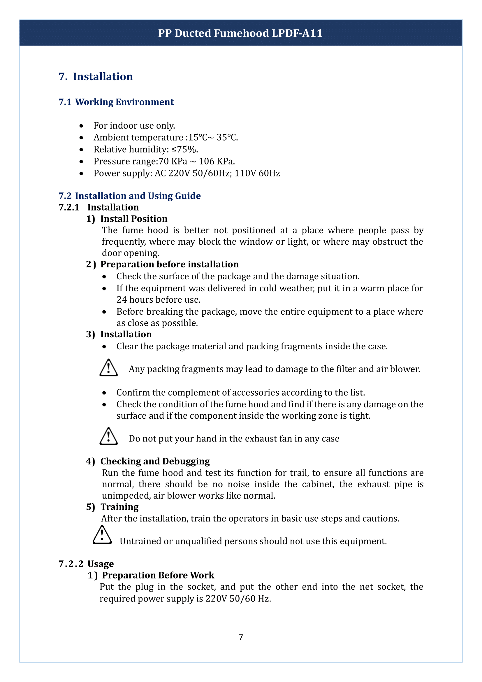 PP Ducted Fume Hood LPDF-A11 Manual