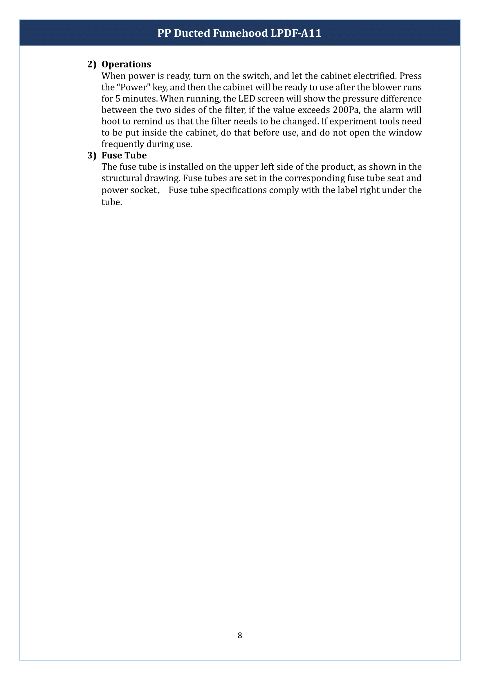 PP Ducted Fume Hood LPDF-A11 Manual